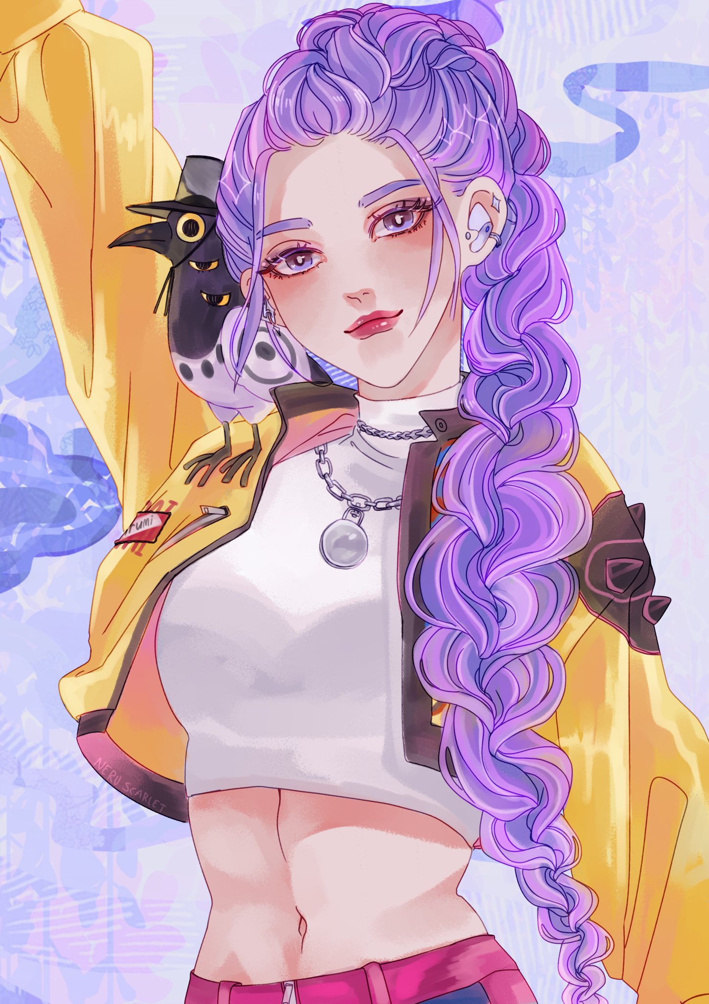 rumi (kpop demon hunters), sussie (kpop demon hunters), kpop demon hunters, commentary, highres, 1girl, animal, animal on shoulder, bird, bird on shoulder, braid, braided ponytail, crop top, eyeshadow, gat (hat), hat, jacket, jewelry, looking at viewer, makeup, midriff, navel, necklace, neru scarlet, purple eyes, purple hair, smile, turtleneck, upper body, yellow jacket