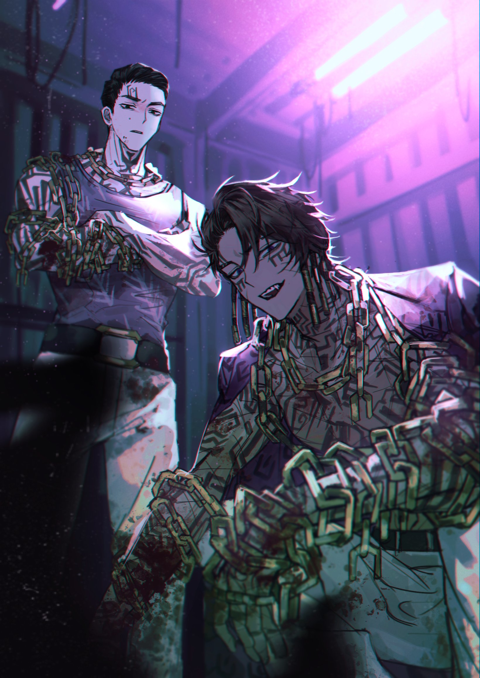 chanil (muexlku), heathcliff (project moon), meursault (project moon), limbus company, project moon, commentary request, highres, korean commentary, 2boys, arm tattoo, belt, belt buckle, black belt, black eyes, black hair, blood, blood on clothes, blood on hands, buckle, chain, chain necklace, chest tattoo, crossed arms, hair slicked back, jewelry, looking at viewer, metal hair tubes, middle (identity) (project moon), multiple boys, neck tattoo, necklace, open mouth, pants, purple eyes, purple shirt, shirt, sleeveless, sleeveless shirt, smile, squatting, tattoo, white pants