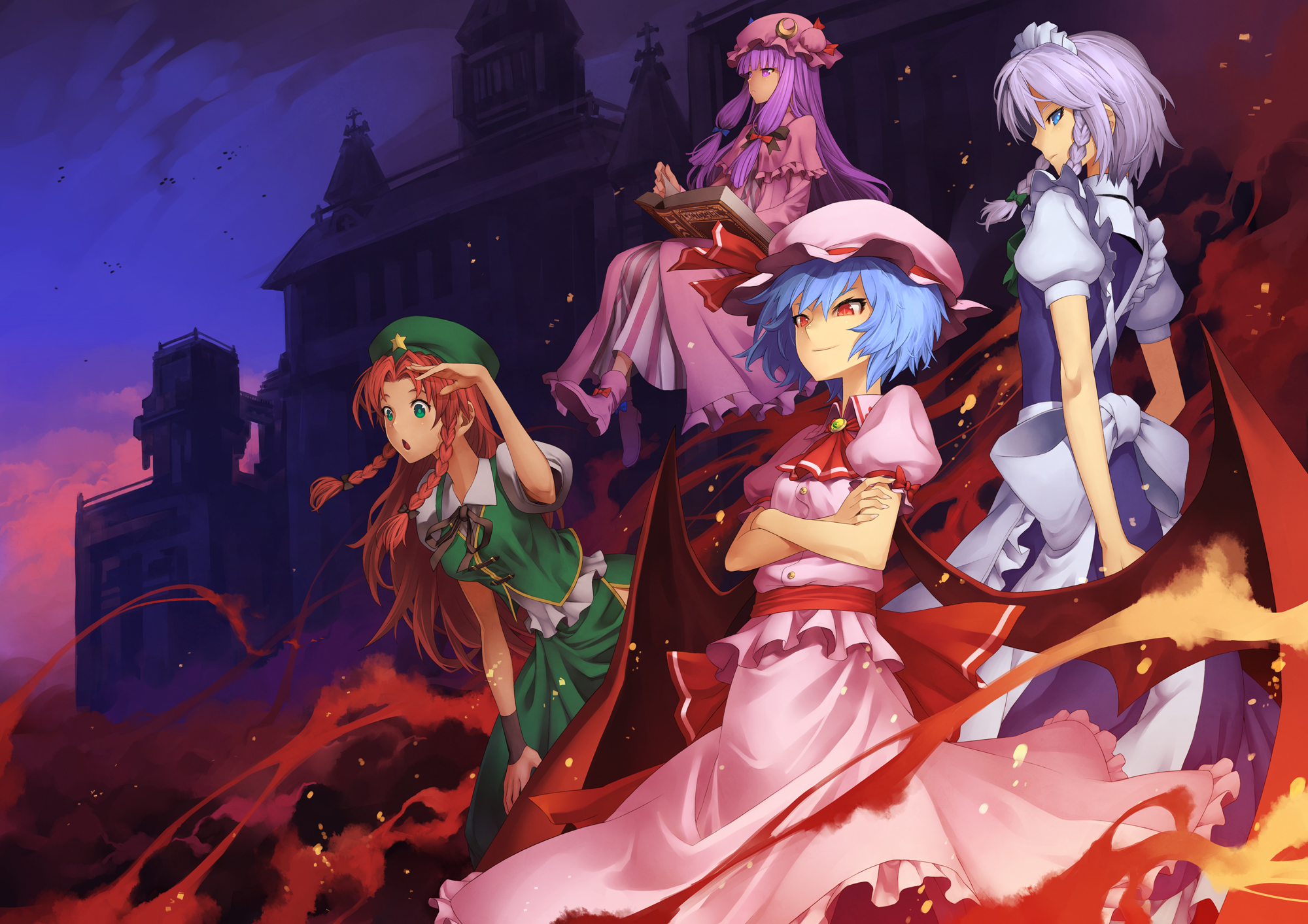 kunieda, hong meiling, izayoi sakuya, patchouli knowledge, remilia scarlet, embodiment of scarlet devil, touhou, silver hair, highres, 4girls, :o, bat wings, blue eyes, blue hair, book, braid, china dress, chinese clothes, cloud, crossed arms, dress, female focus, green eyes, hair ribbon, hat, long hair, maid, multiple girls, purple eyes, purple hair, red eyes, red hair, ribbon, scarlet devil mansion, short hair, sky, star (symbol), staring, twin braids, wings