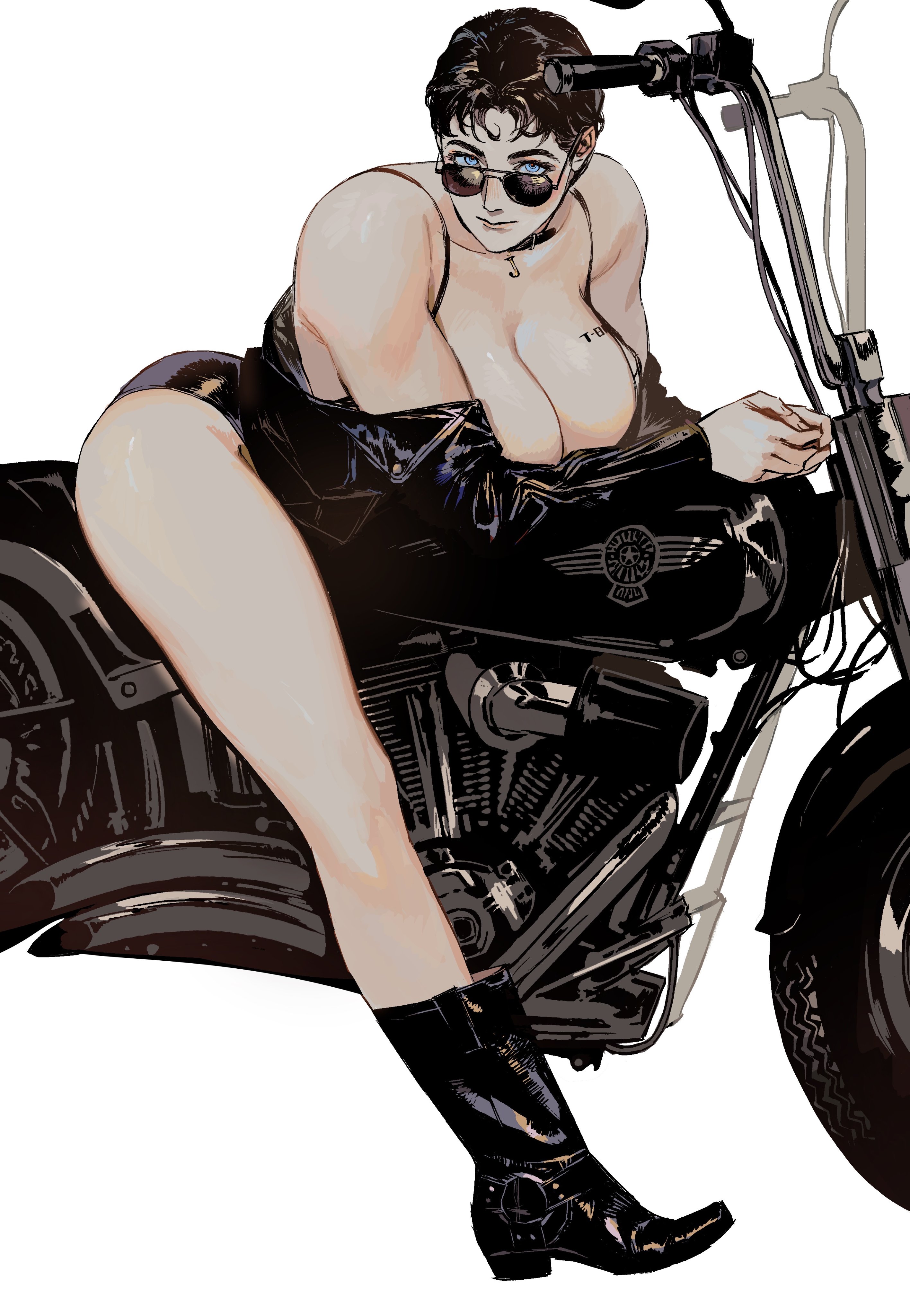 rora (auroradiation), original, absurdres, commentary, english commentary, highres, 1girl, bare shoulders, black boots, black hair, black jacket, blue eyes, boots, breasts, cleavage, elbow rest, huge breasts, invisible floor, jacket, leaning forward, leather, leather jacket, looking at viewer, looking over eyewear, motor vehicle, motorcycle, no pants, on motorcycle, short hair, simple background, solo, sunglasses, white background