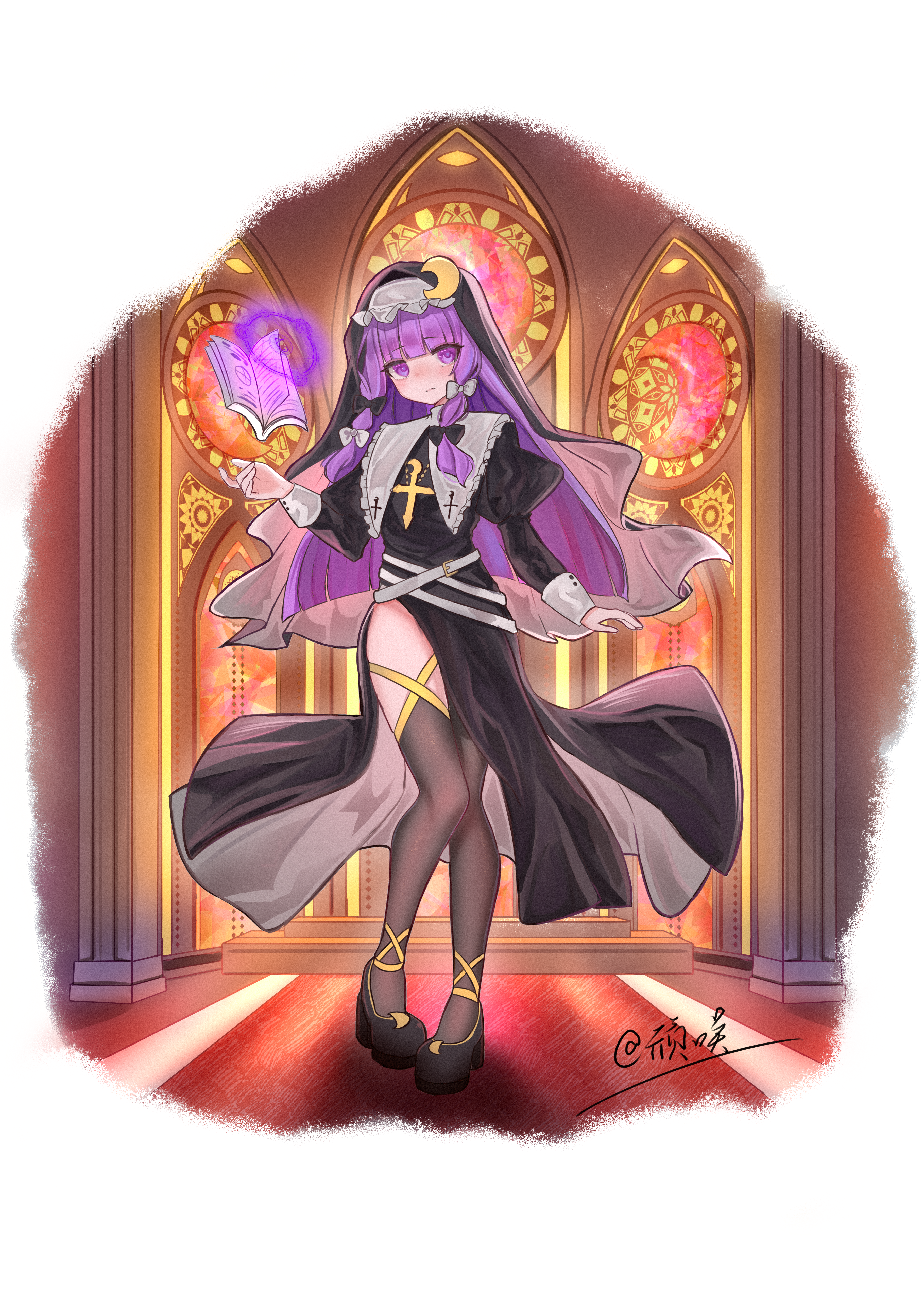 2091966, patchouli knowledge, touhou, absurdres, chinese commentary, commentary request, highres, 1girl, alternate costume, artist name, belt, black bow, black dress, black veil, block heels, blunt bangs, blush, book, bow, brown thighhighs, closed mouth, crescent ornament, cross, cross necklace, cross print, dress, floating, floating book, floating object, full body, guimpe, hair bow, hand up, indoors, jewelry, juliet sleeves, legs together, long dress, long hair, long sleeves, looking at viewer, necklace, nun, pelvic curtain, puffy sleeves, purple eyes, purple hair, side slit, sidelocks, sleeve cuffs, solo, standing, thighhighs, veil, white belt, white bow