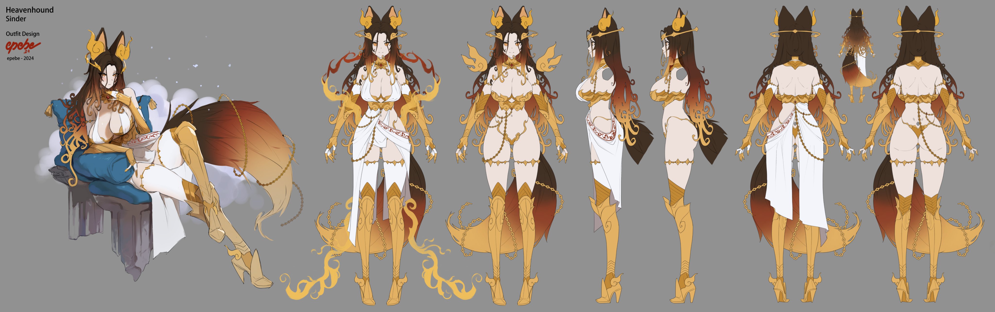 epebe, sinder (archangel) (vtuber), sinder (vtuber), indie virtual youtuber, absurdres, commentary, english commentary, highres, official art, 1girl, animal ear fluff, breasts, brown hair, fiery tail, fire, gradient hair, large breasts, looking at viewer, multicolored hair, official alternate costume, orange hair, smile, solo, tail, virtual youtuber, yellow eyes