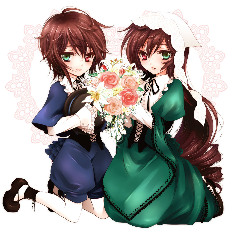 mizunomoto, souseiseki, suiseiseki, rozen maiden, 00s, 2girls, blush, bouquet, brown hair, dress, flower, frills, green eyes, hairband, hat, headscarf, heterochromia, kneeling, long hair, multiple girls, pantyhose, red eyes, short hair, siblings, sisters, smile, twins, unworn hat, unworn headwear, very long hair, white headscarf