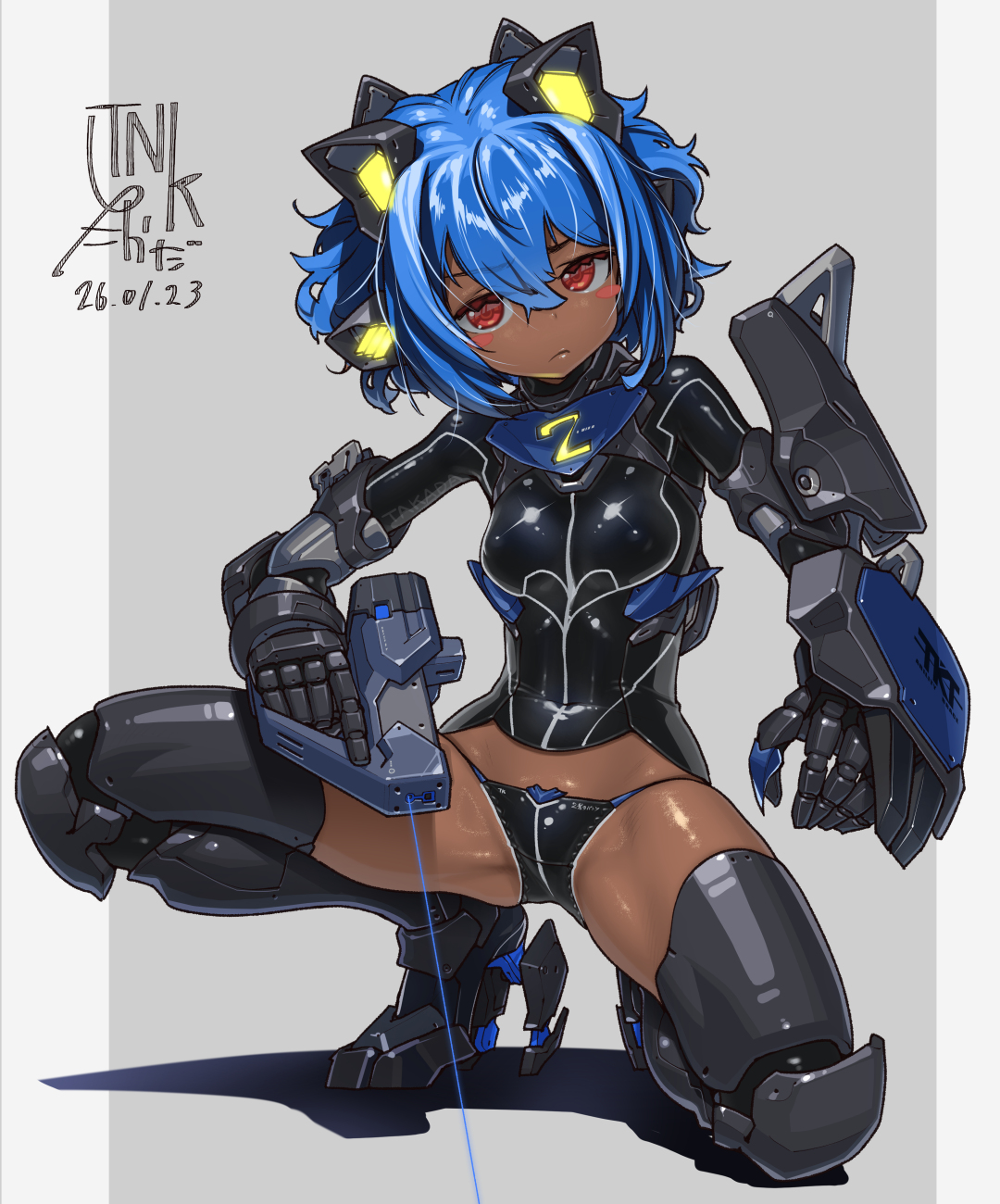 takada kazuhiro, original, highres, 1girl, armored boots, bikini, bikini bottom only, blue hair, blush stickers, boots, breasts, dark-skinned female, dark skin, dated, hair between eyes, headgear, looking at viewer, mechanical arms, on one knee, red eyes, shiny clothes, short hair, signature, small breasts, solo, swimsuit, thigh boots