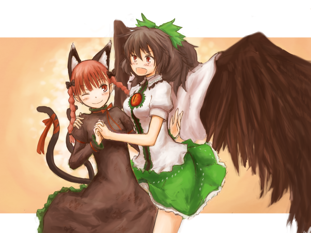 kokotetsu, kaenbyou rin, reiuji utsuho, touhou, bad id, bad pixiv id, 2girls, animal ears, black hair, blush, bow, braid, cat ears, cat girl, cat tail, female focus, hair bow, hair ribbon, holding hands, long hair, multiple girls, multiple tails, one eye closed, open mouth, red eyes, red hair, ribbon, short hair, smile, tail, twin braids, twintails, wings, wink