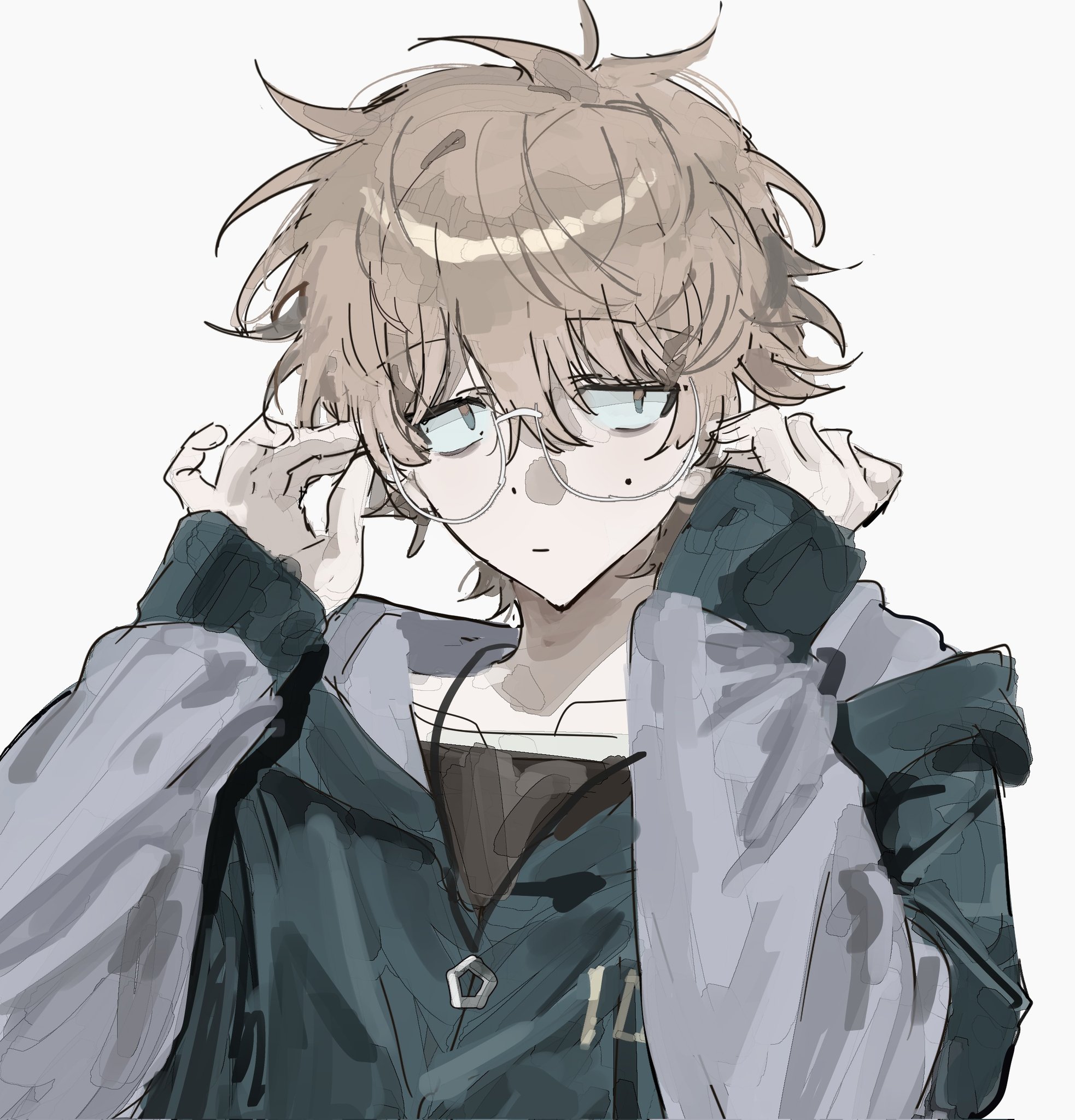 original, commentary request, highres, 1boy, blue jacket, brown eyes, brown hair, closed mouth, glasses, hair between eyes, hood, hood down, hooded jacket, jacket, long sleeves, looking at viewer, male focus, mole, mole on cheek, sanpaku, short hair, simple background, sini user, sleeves past wrists, solo, upper body, white background