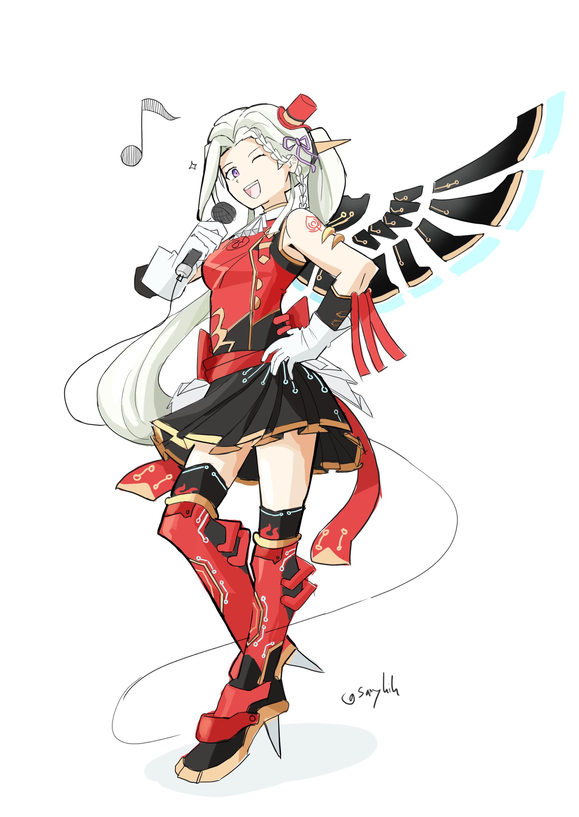saiykik, edelgard von hresvelg, fire emblem, fire emblem: three houses, nintendo, absurdres, highres, 1girl, ;d, alternate costume, alternate hairstyle, armpits, artist name, ascot, bare arms, boots, bow, braid, breasts, crest, crest of seiros, gloves, grey hair, hair ribbon, hand on own hip, hat, high heel boots, high heels, idol, long hair, looking at viewer, medium breasts, microphone, mini hat, mini top hat, musical note, one eye closed, open mouth, parted bangs, pleated skirt, ponytail, purple eyes, ribbon, shadow, shirt, signature, simple background, skirt, sleeveless, sleeveless shirt, smile, sparkle, standing, standing on one leg, tattoo, thighs, top hat, white background, white gloves, wings