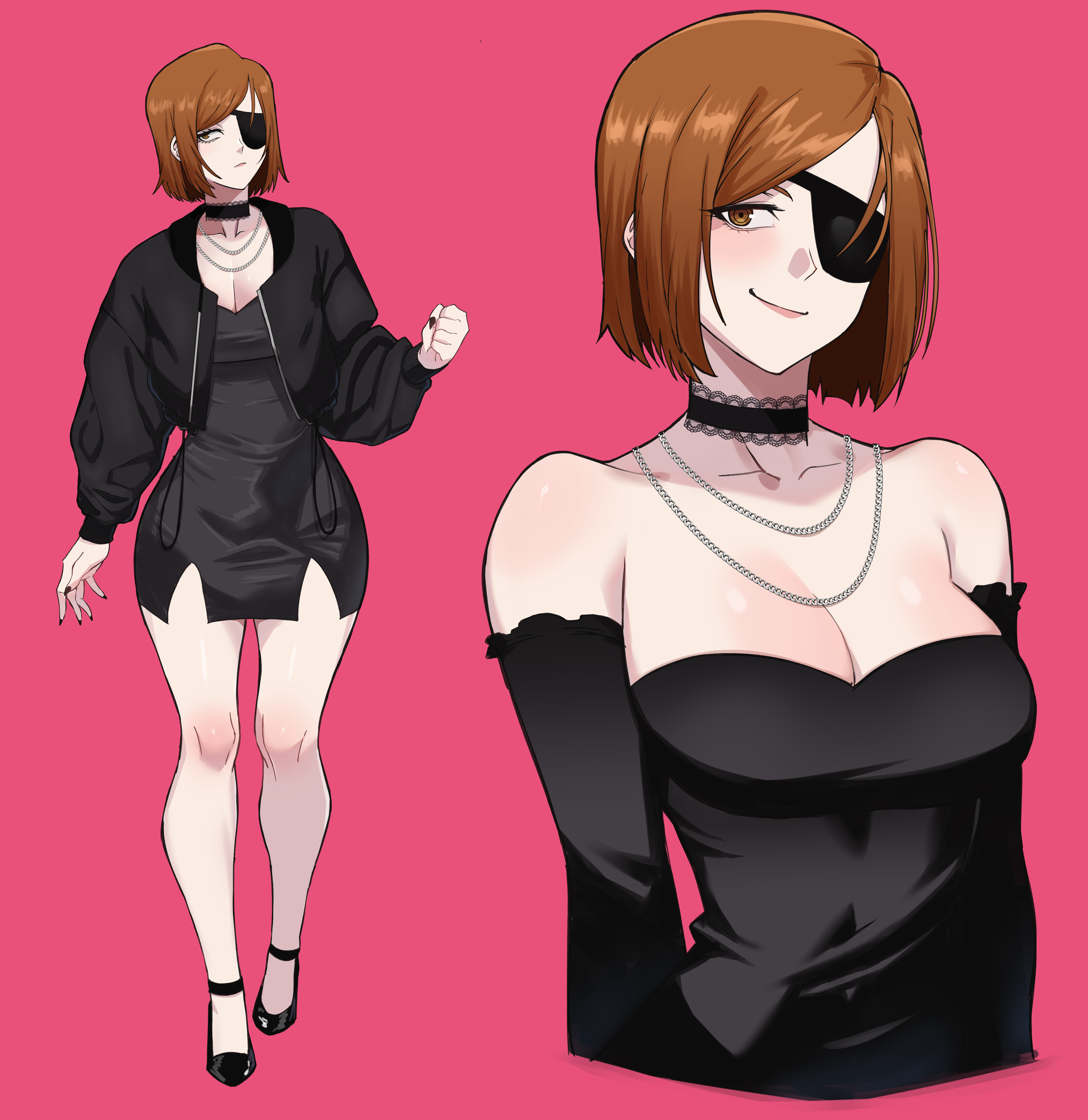 mg991998, kugisaki nobara, jujutsu kaisen, absurdres, commentary, highres, arm up, arms at sides, asymmetrical bangs, bare legs, bare shoulders, black dress, black jacket, breasts, brown eyes, brown hair, chain, chain necklace, choker, cleavage, clenched hand, collarbone, dress, eyepatch, facing viewer, full body, high heels, jacket, jewelry, looking at viewer, narrow waist, necklace, nose, one eye covered, open clothes, open jacket, red background, short hair, simple background, skin tight, smirk, standing, swept bangs, tight clothes, undercut, upper body, walking, wide hips
