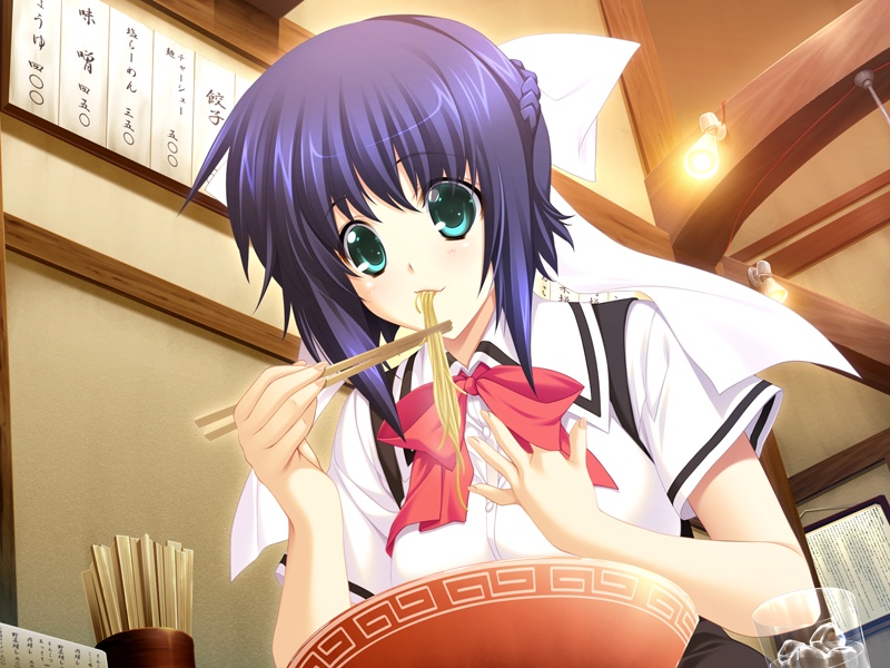 iizuki tasuku, kaguyama azami, shiden enkan no kizuna, game cg, 1girl, aqua eyes, blue hair, braid, chopsticks, eating, female focus, food, noodles, school uniform, solo