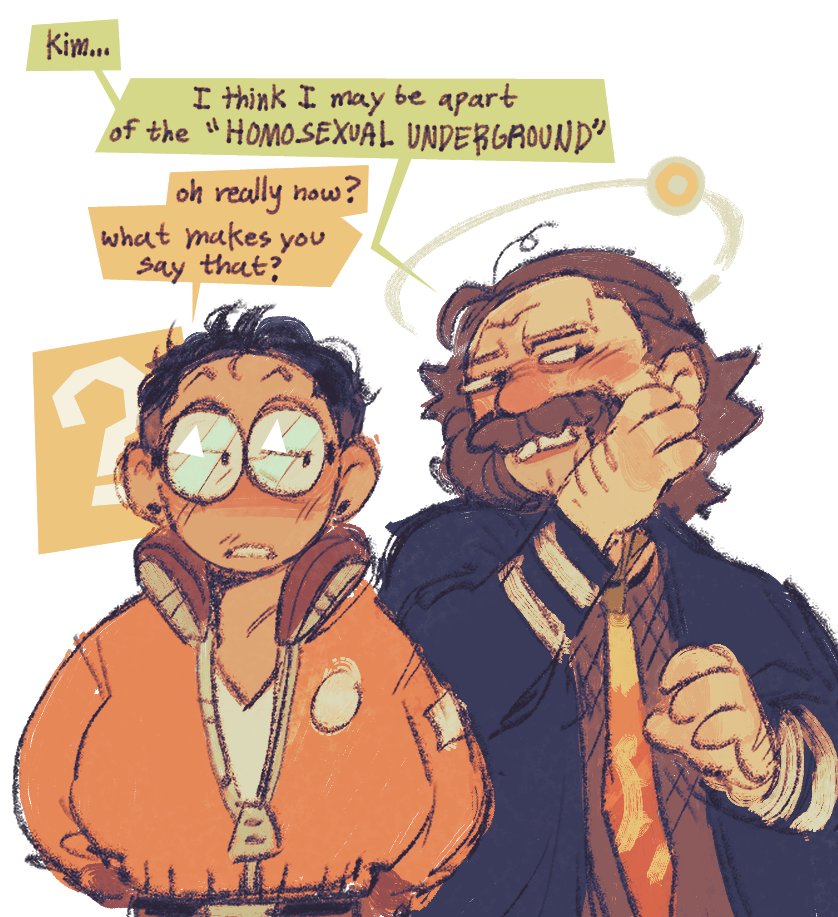 time woods, harry du bois, kim kitsuragi, disco elysium, commentary, english commentary, 2boys, ?, black hair, black jacket, blush, bomber jacket, brown hair, brown shirt, chibi, chibi only, cowboy shot, facial hair, glasses, hand up, jacket, looking at another, male focus, multiple boys, mustache, necktie, orange jacket, orange necktie, shirt, short hair, source quote, white shirt