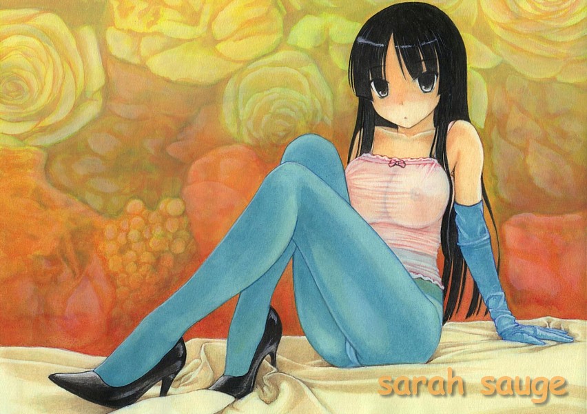 sarah sauge, akiyama mio, don't say "lazy", k-on!, acrylic paint (medium), bad id, bad pixiv id, painting (medium), traditional media, 1girl, aqua pantyhose, arm support, black eyes, black hair, blue pantyhose, breasts, camisole, cleavage, elbow gloves, female focus, gloves, high heels, hime cut, large breasts, legs, lingerie, long hair, nipples, panties, panties under pantyhose, pantyhose, pumps, see-through clothes, shirt, shoes, signature, solo, taut clothes, taut shirt, underwear