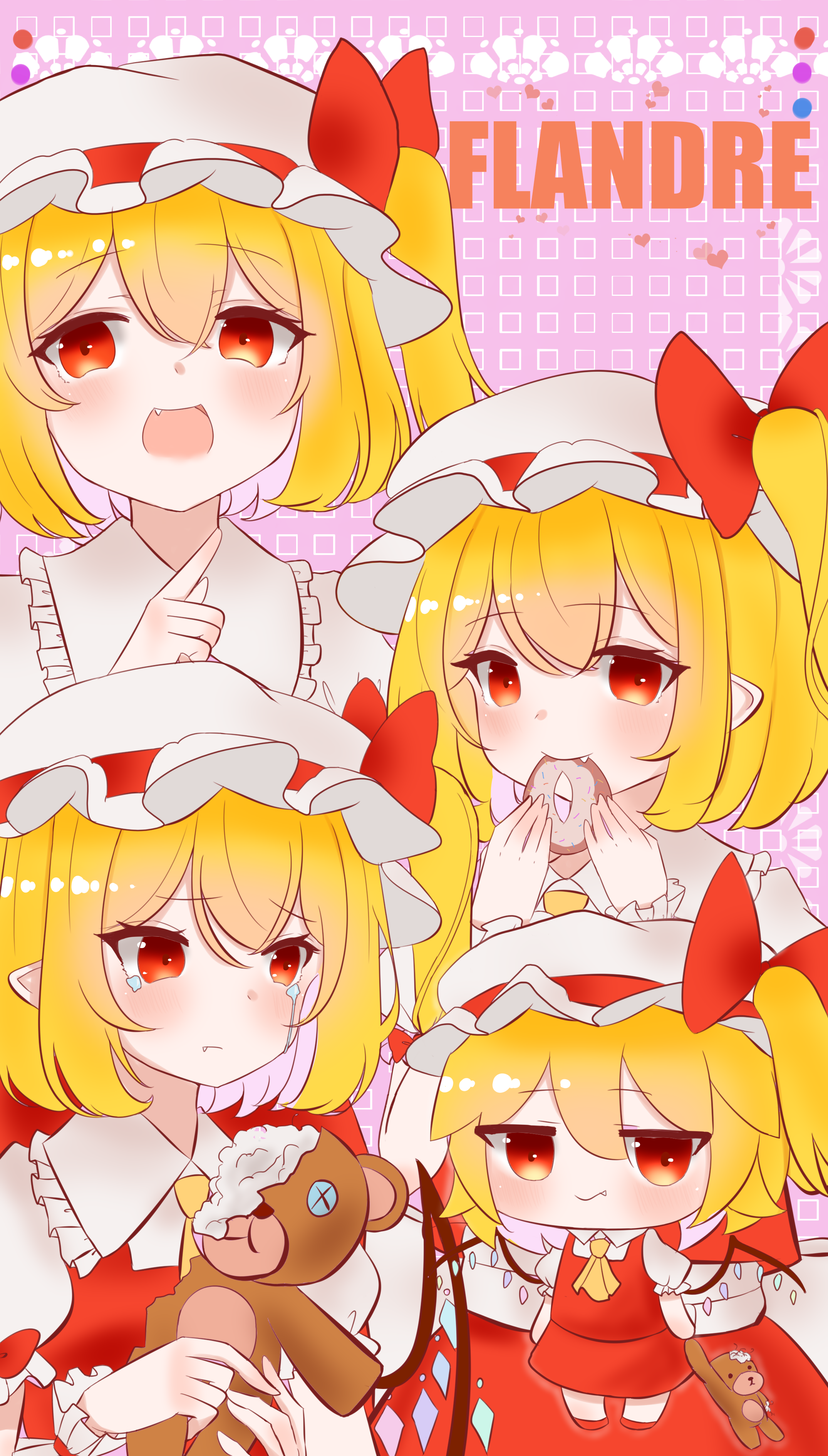 2091966, flandre scarlet, touhou, absurdres, commentary request, highres, 1girl, ascot, blonde hair, blush, character name, closed mouth, collared shirt, crying, crying with eyes open, crystal, crystal wings, donut, eating, fang, fang out, food, frilled shirt collar, frills, hat, holding, holding food, holding stuffed toy, looking at viewer, mob cap, multicolored wings, multiple views, one side up, open mouth, puffy short sleeves, puffy sleeves, red eyes, red skirt, red vest, shirt, short sleeves, skirt, skirt set, smile, stuffed animal, stuffed toy, stuffing, tears, teddy bear, vest, white hat, white shirt, wings, wrist cuffs, yellow ascot