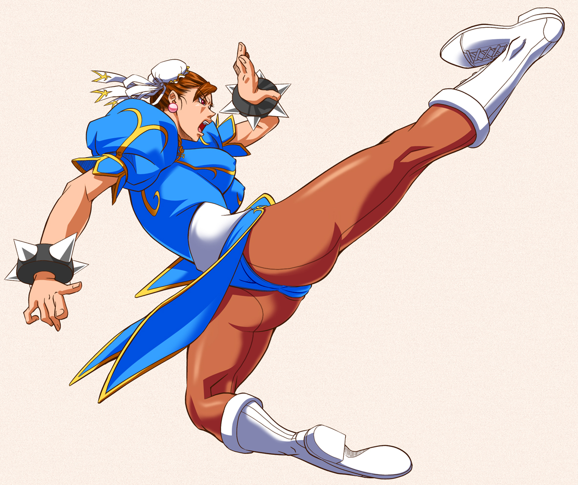 bouzu oyaji, ikumo taisuke, chun-li, capcom, street fighter, bad id, bad pixiv id, 1girl, ass, bracelet, brown eyes, brown hair, cameltoe, china dress, chinese clothes, dress, female focus, jewelry, pantyhose, pelvic curtain, sash, short hair, solo, spiked bracelet, spikes, thick thighs, thighs