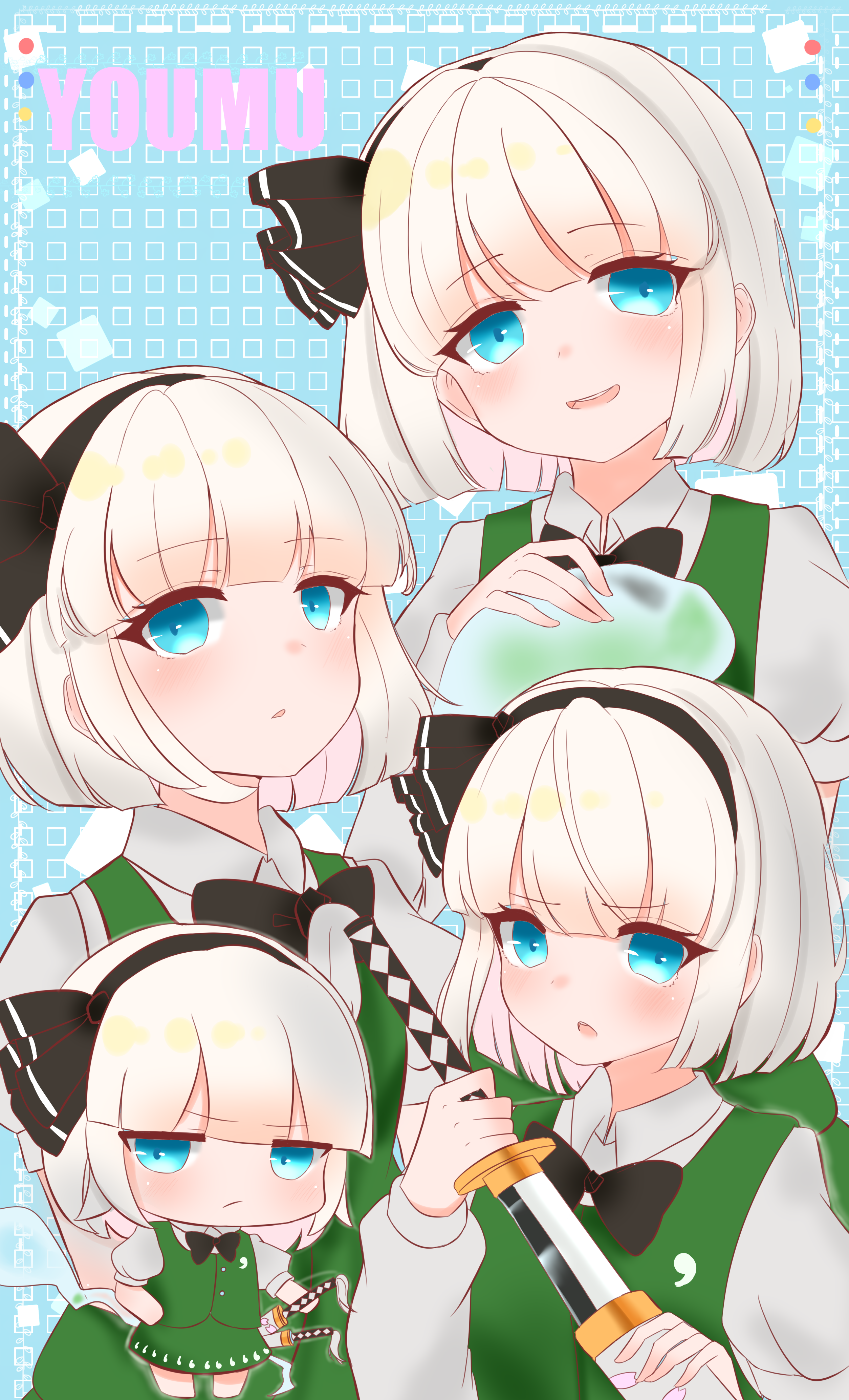 2091966, konpaku youmu, konpaku youmu (ghost), touhou, absurdres, commentary request, highres, 1girl, black bow, black bowtie, black hairband, blue eyes, blush, bow, bowtie, character name, collared shirt, green skirt, green vest, grey hair, hairband, hitodama, hitodama print, holding, holding sword, holding weapon, katana, long sleeves, multiple views, open mouth, sheath, sheathed, shirt, skirt, skirt set, smile, sword, unsheathing, vest, weapon, white shirt