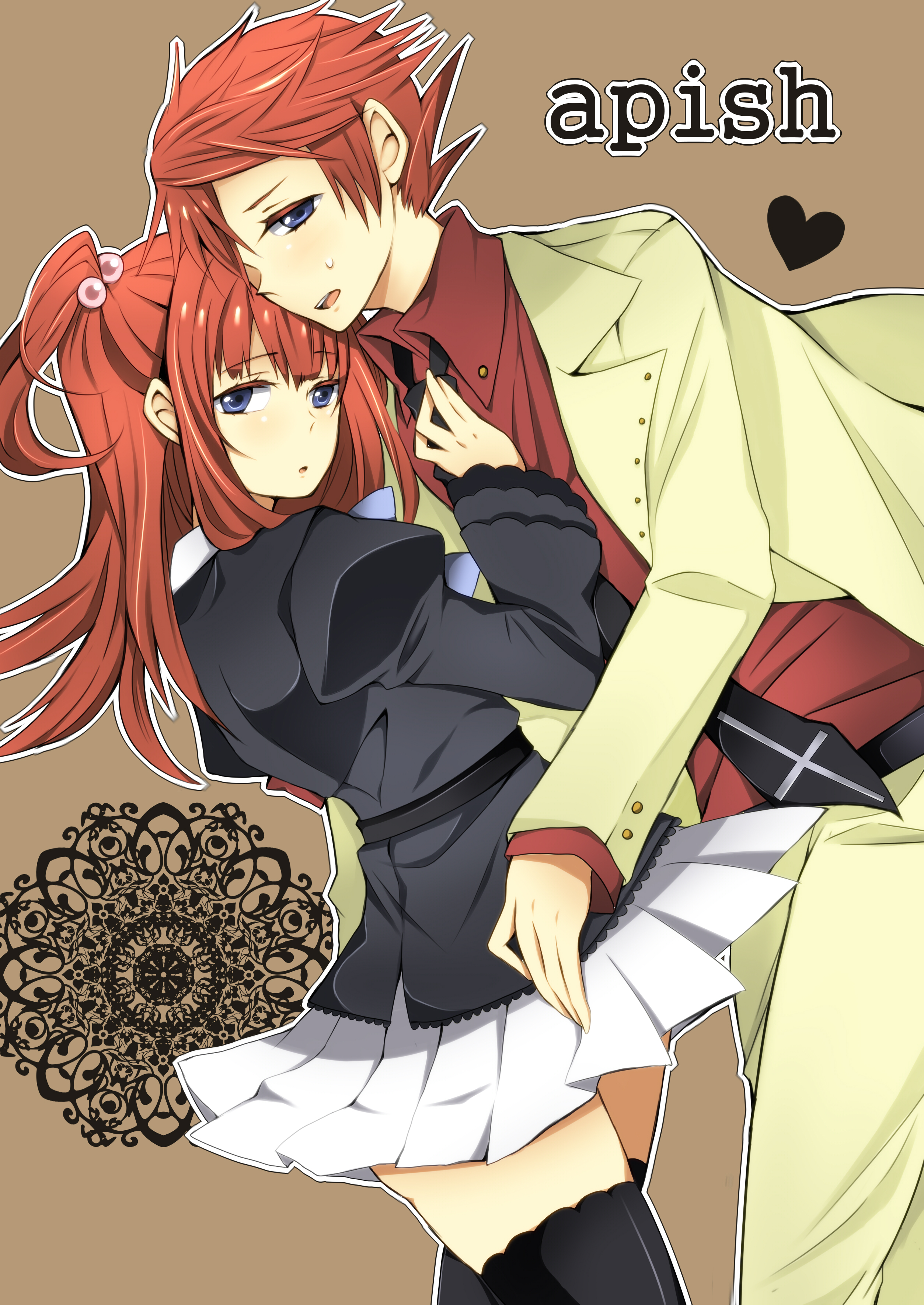 melt (artist), ushiromiya ange, ushiromiya battler, umineko no naku koro ni, absurdres, bad id, bad pixiv id, highres, black thighhighs, blue eyes, brother and sister, hair bobbles, hair ornament, long hair, pleated skirt, red hair, siblings, skirt, thighhighs, zettai ryouiki