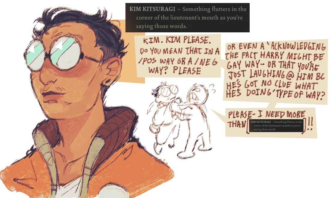 time woods, harry du bois, kim kitsuragi, disco elysium, commentary, english commentary, 2boys, black hair, chibi, chibi only, clothes grab, expressionless, game screenshot inset, glasses, grabbing another's shirt, jacket, multiple boys, orange jacket, screenshot inset, shirt, short hair, source quote, upper body, white shirt