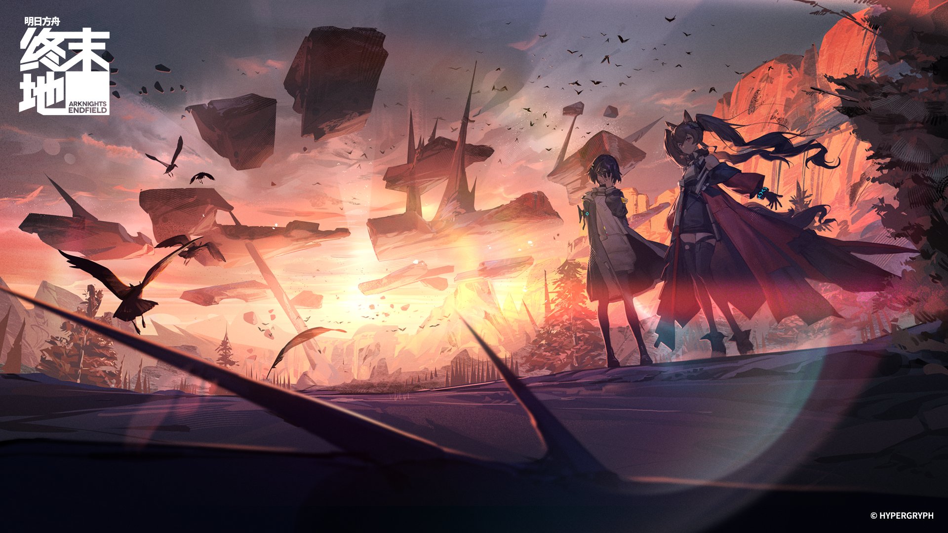 zhili xingzou, angelina (arknights), endministrator (arknights), female endministrator (arknights), gilberta (arknights), arknights, arknights: endfield, highres, official art, 2girls, black coat, black hair, brown hair, coat, dawn, eye mask, fox girl, logo, long coat, long hair, mask, multiple girls, open clothes, open coat, red coat, scenery, short hair, twintails