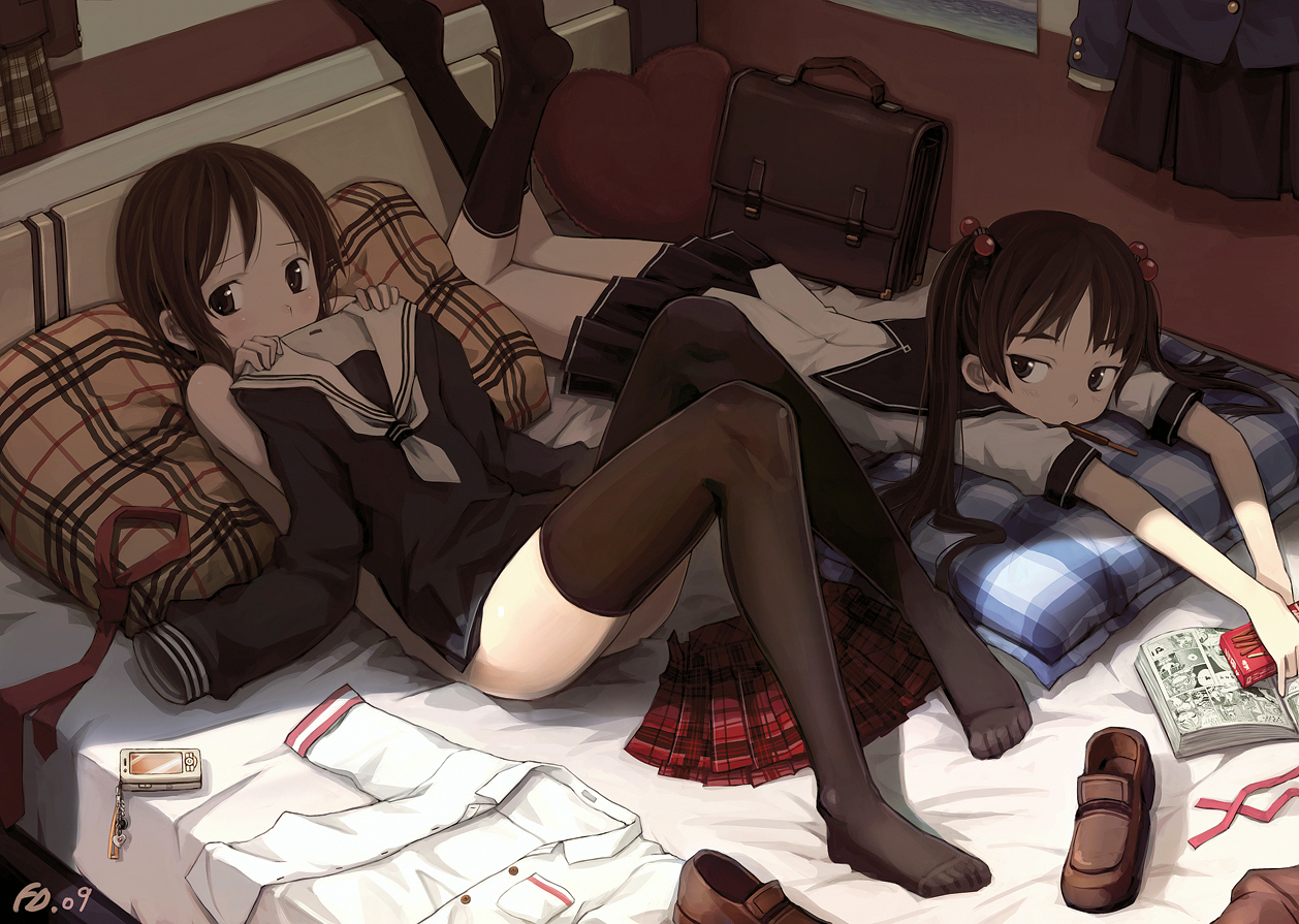bailknight, original, 2girls, ass, bag, bed, black eyes, black thighhighs, brown hair, burberry, cellphone, clothed female nude female, clothes in front, covering privates, embarrassed, feet, food, hair bobbles, hair ornament, jitome, legs, loafers, long hair, lying, manga (object), multiple girls, necktie, nude, nude cover, on back, on stomach, phone, plaid clothes, plaid skirt, pocky, ribbon, school bag, school uniform, shade, shadow, shirt, shoes, short hair, skirt, socks, thighhighs, twintails