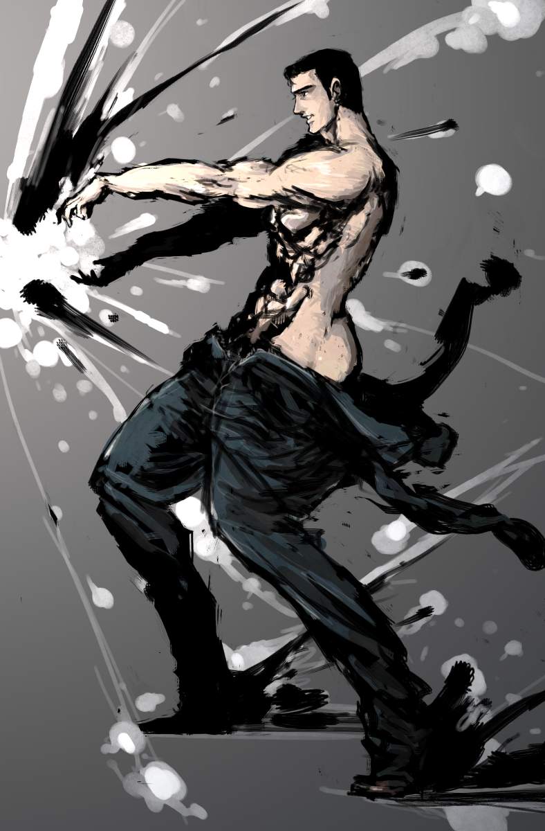 moto murabito, abe takakazu, kuso miso technique, highres, 1boy, around waist, full body, gradient background, male focus, muscular, solo