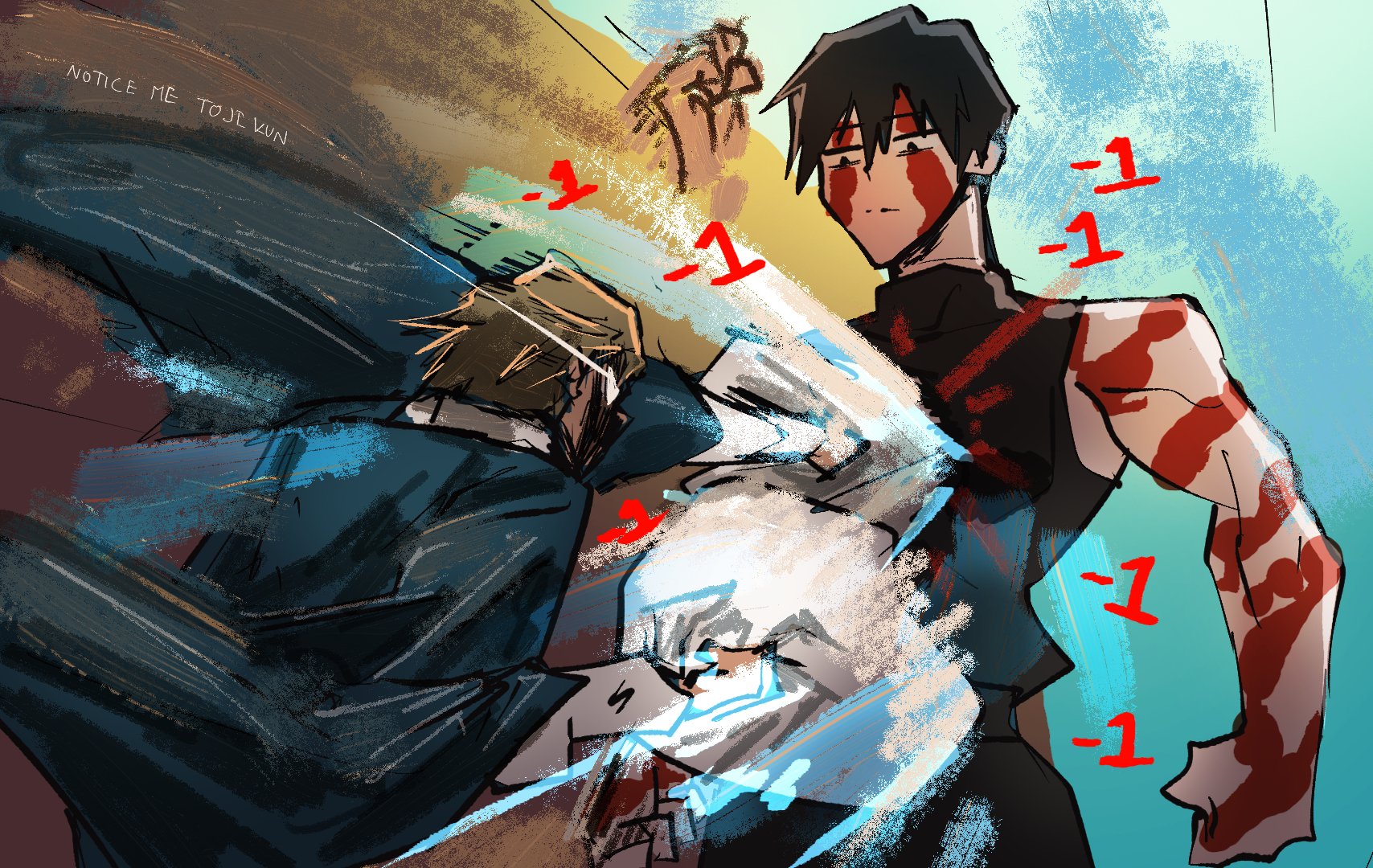 sonic1nstinct, zen'in maki, zen'in naoya, jujutsu kaisen, highres, 1boy, 1girl, attack, biceps, black hair, blonde hair, clenched hands, damage numbers, fighting, looking at another, meme, muscular, muscular female, punching, raiden punching armstrong (meme), rapid punches, scar, scars all over, standing, tall female, too many