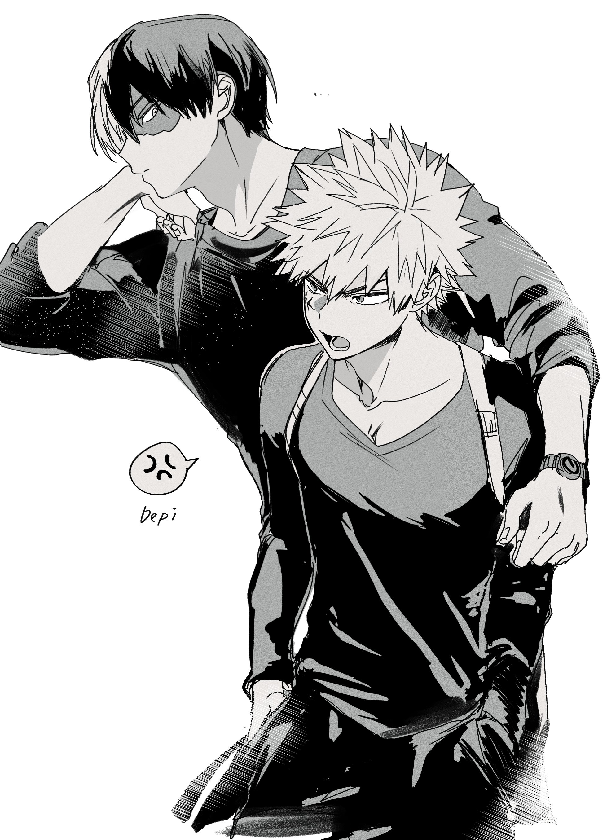 bakugou katsuki, todoroki shoto, boku no hero academia, absurdres, commentary request, highres, 2boys, anger vein, arm around shoulder, burn scar, collarbone, crew neck, depisx, facial scar, hands in pockets, head rest, long sleeves, male focus, multicolored hair, multiple boys, open mouth, parted bangs, scar, scar on cheek, scar on face, shirt, short hair, speech bubble, spiked hair, split-color hair, spoken anger vein, watch, wristwatch