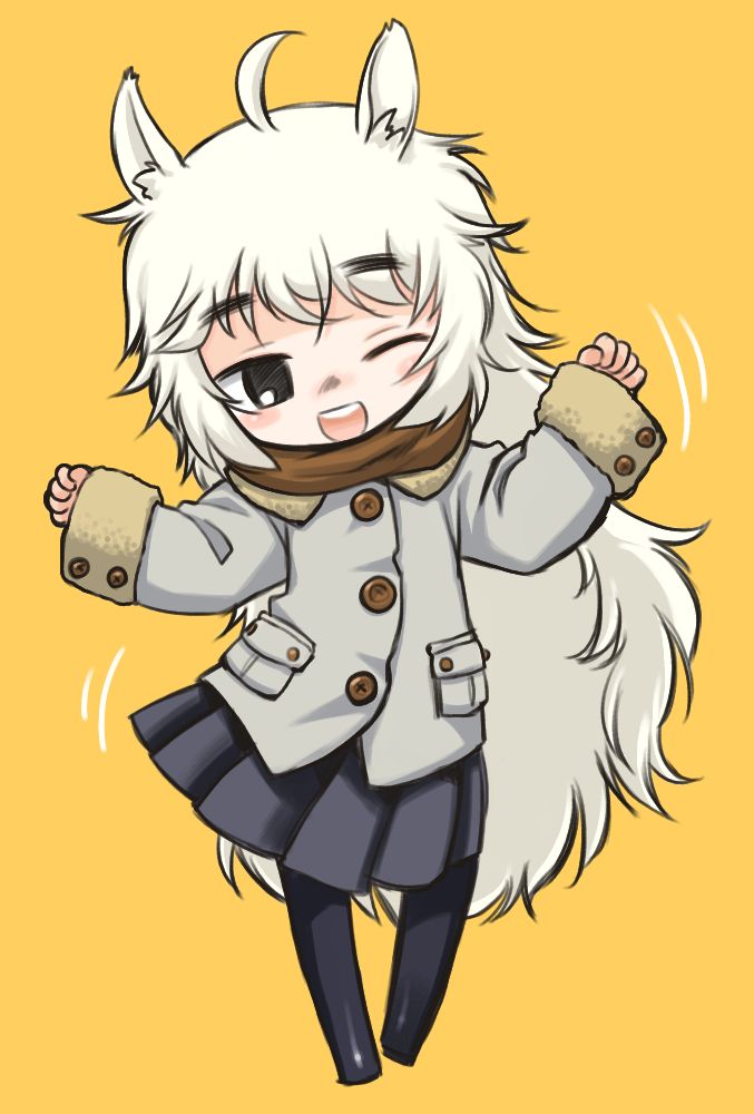 nakamura tetsuya, alpaca-san, original, bad id, bad pixiv id, 1girl, alpaca ears, animal ears, black eyes, blush, coat, female focus, fox ears, long hair, one eye closed, pantyhose, scarf, skirt, smile, solo, very long hair, wink