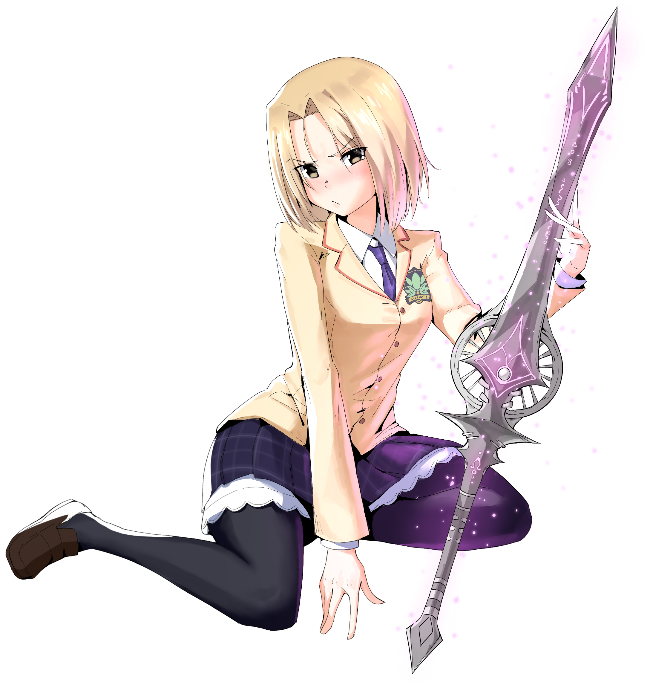 optaku, chaos;head, science adventure, commission, commissioner upload, highres, non-web source, 1girl, between legs, black pantyhose, blazer, blonde hair, blush, breasts, brown eyes, d-sword, embarrassed, glowing, glowing sword, glowing weapon, hand between legs, holding, holding sword, holding weapon, jacket, kneeling, lapels, looking at viewer, necktie, nishijou matriarch, notched lapels, pantyhose, petticoat, plaid clothes, plaid necktie, plaid skirt, pleated skirt, purple necktie, school uniform, short hair, skirt, small breasts, solo, suimei academy school uniform, sword, transparent background, v-shaped eyebrows, weapon