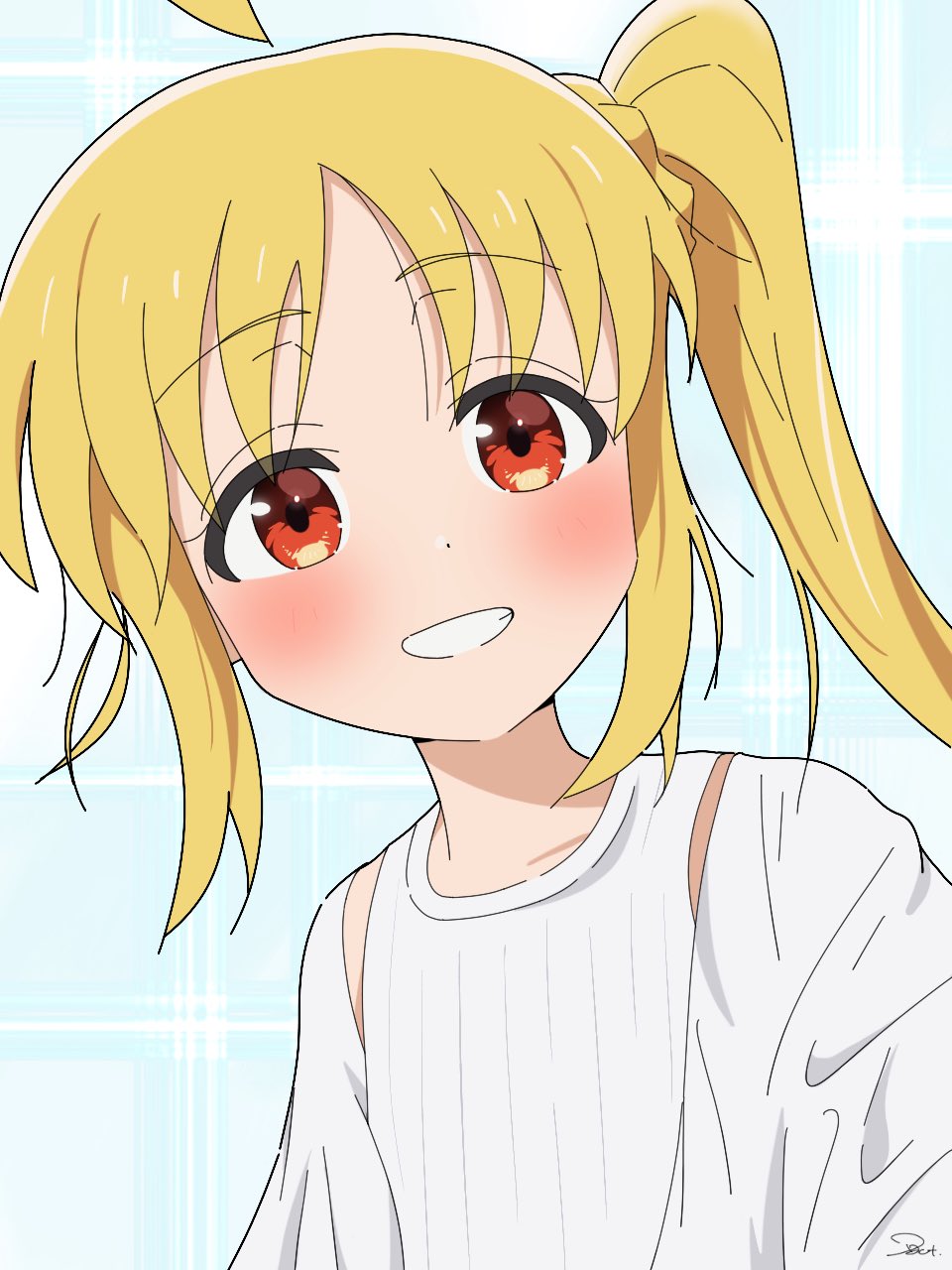 ta4831, ijichi nijika, bocchi the rock!, commentary request, highres, 1girl, ahoge, baggy clothes, blonde hair, blush, collarbone, detached ahoge, parted bangs, raised eyebrows, red eyes, scrunchie, shirt, side ponytail, sidelocks, simple background, smile, solo, triangle-shaped hair, white shirt, yellow scrunchie