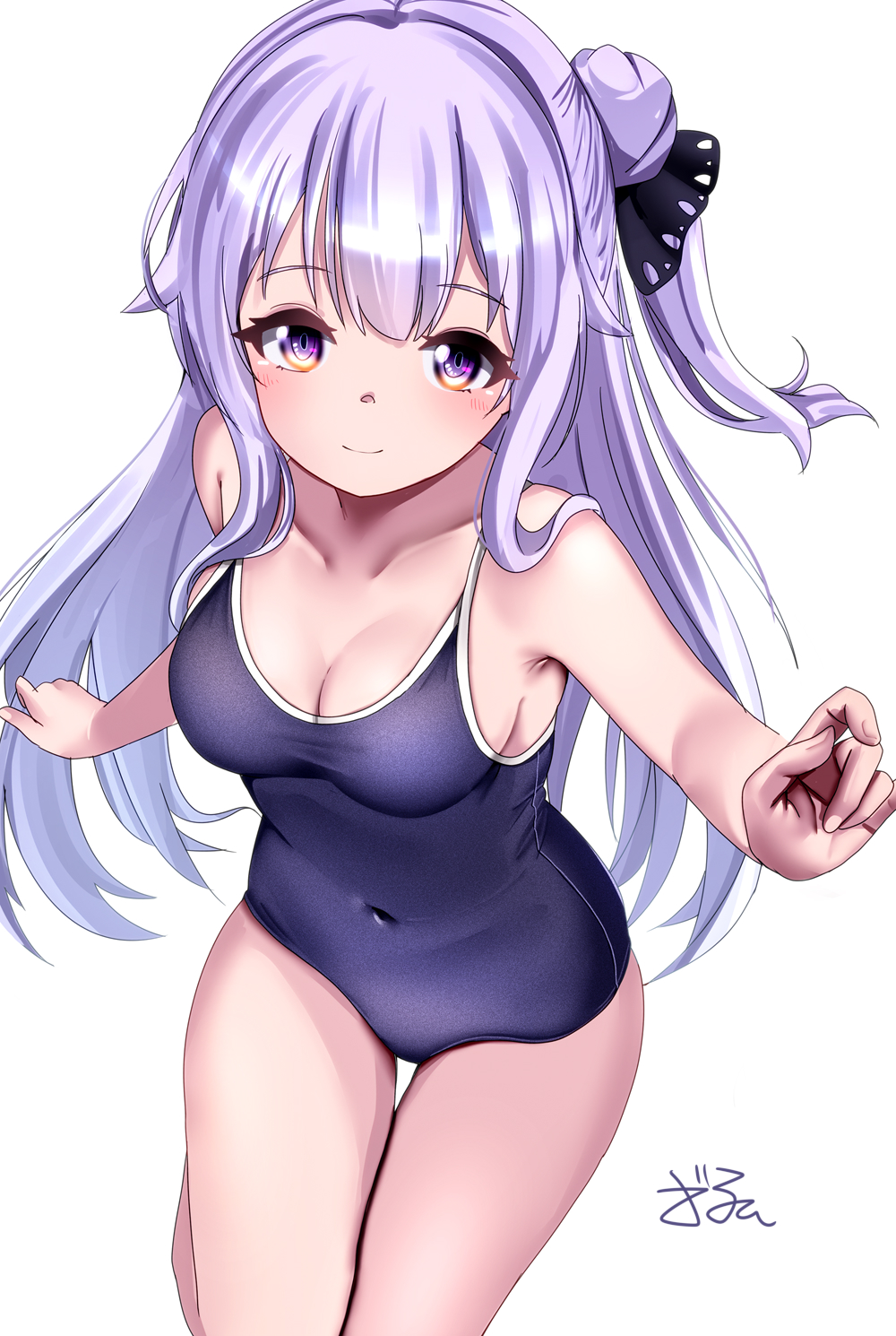 dedorudy, unicorn (azur lane), azur lane, commentary request, highres, 1girl, collarbone, competition school swimsuit, hair bun, long hair, navel, one-piece swimsuit, one side up, purple eyes, purple hair, school swimsuit, sidelocks, signature, single side bun, smile, swimsuit, thigh gap, white background