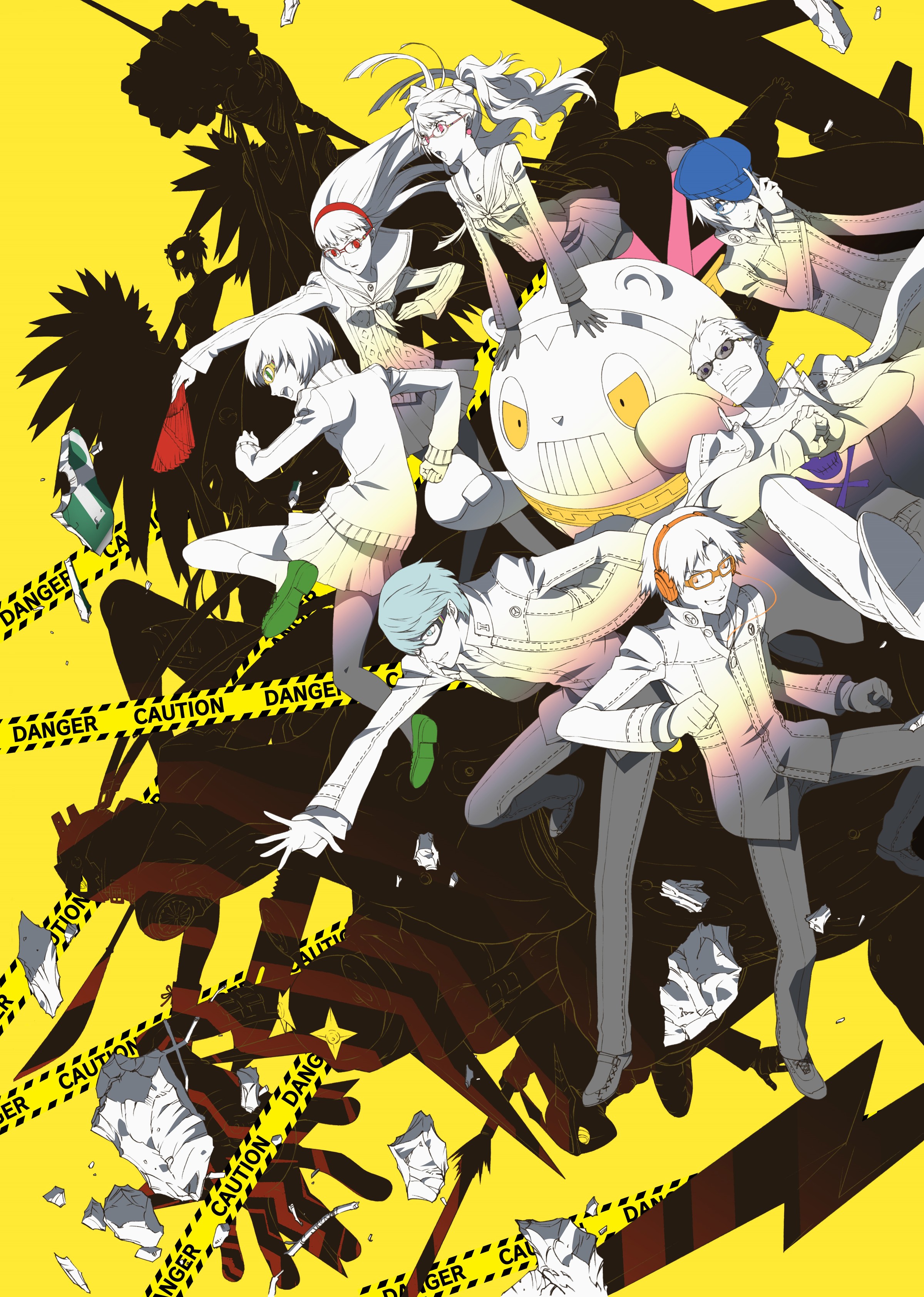 morita kazuaki, amagi yukiko, hanamura yousuke, himiko (persona 4), izanagi (persona 4), jiraiya (persona 4), konohana sakuya (persona), kujikawa rise, kuma (persona 4), narukami yu, satonaka chie, shirogane naoto, tatsumi kanji, tomoe (persona 4), persona, persona 4, persona 4 the animation, absurdres, highres, official art, third-party source, black-framed eyewear, blue eyes, caution tape, earrings, green shoes, grey eyes, grey hair, hairband, hand fan, hat, headphones, holding, holding fan, holding weapon, jewelry, kintoki-douji (persona 4), multiple boys, multiple girls, newsboy cap, orange-framed eyewear, orange eyes, partially colored, persona (summon), pink-framed eyewear, pink eyes, red eyes, red hairband, rocket, sailor collar, scar, scar on face, scar on forehead, school uniform, shoes, skirt, smile, sukuna-hikona (persona 4), sunglasses, take-mikazuchi (persona 4), weapon, yasogami school uniform, yellow-framed eyewear, yellow background, yellow eyes