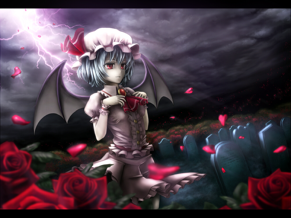 houd (vacson), remilia scarlet, touhou, 1girl, bat wings, blue hair, cloud, female focus, flower, graveyard, hat, letterboxed, outdoors, petals, plant, red eyes, short hair, sky, solo, standing, wings