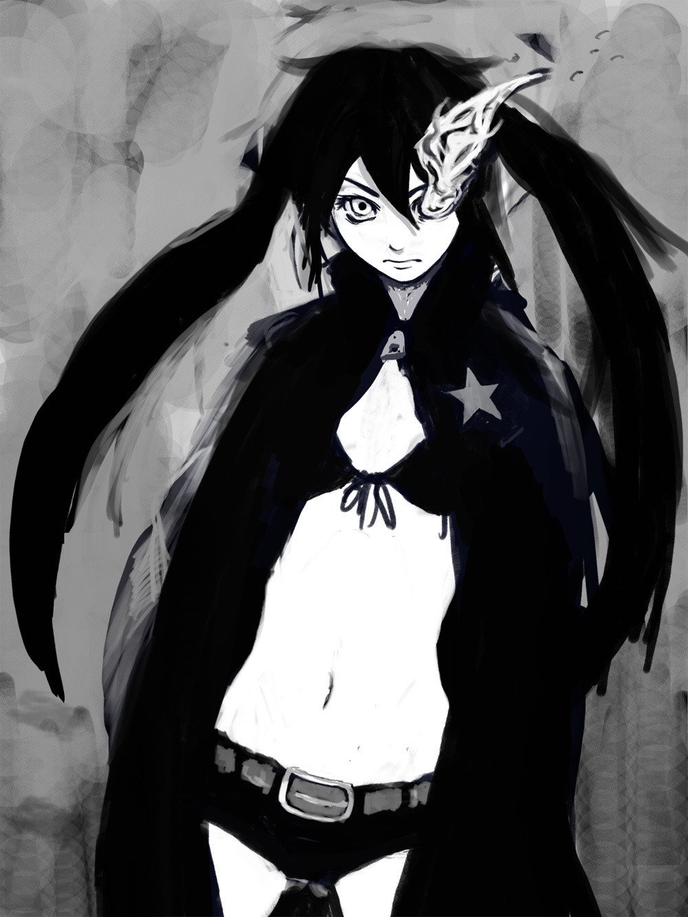 s-kan, black rock shooter (character), black rock shooter, bad id, bad pixiv id, highres, 10s, belt, black hair, coat, midriff, monochrome, solo, star (symbol), twintails