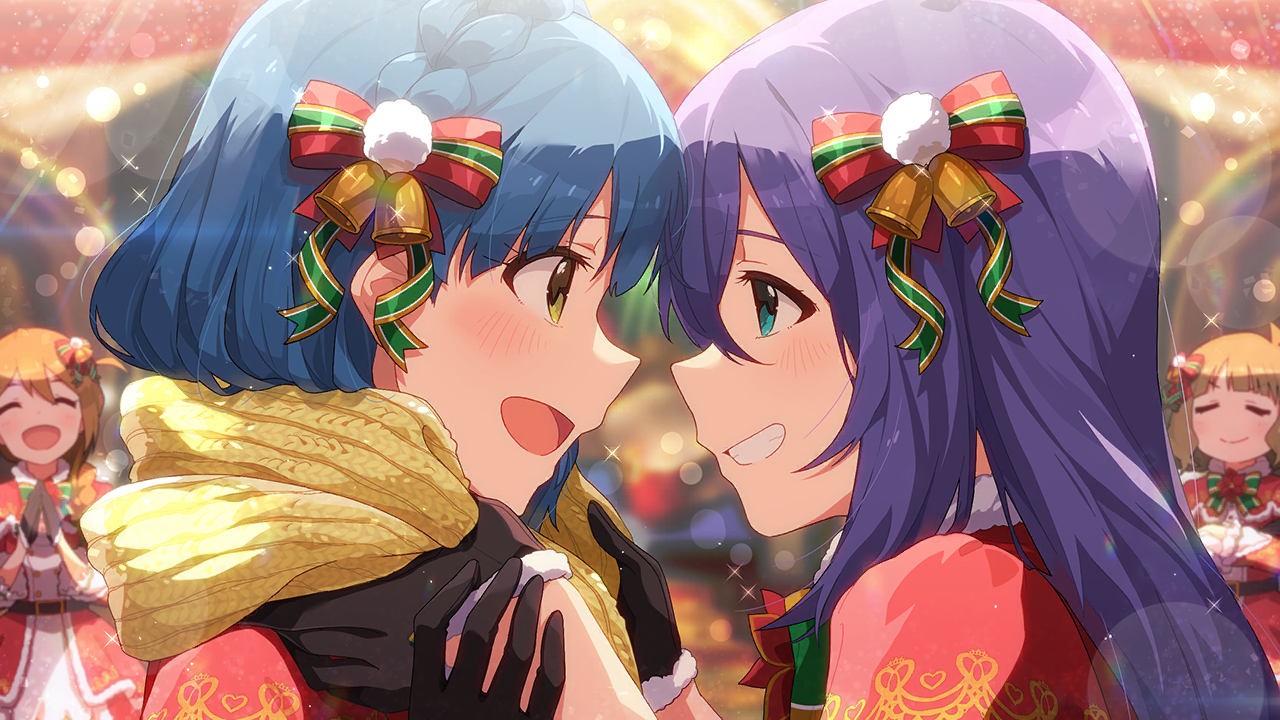 baba konomi, mochizuki anna, nanao yuriko, suou momoko, idolmaster, idolmaster million live!, idolmaster million live! theater days, commentary request, game cg, official art, third-party source, 4girls, bell, black gloves, blue hair, blurry, blurry background, blush, bow, christmas, eye contact, face-to-face, from side, gloves, green eyes, grin, hair bell, hair bow, hair ornament, long hair, looking at another, multiple girls, purple hair, scarf, short hair, smile, sparkle, yellow scarf