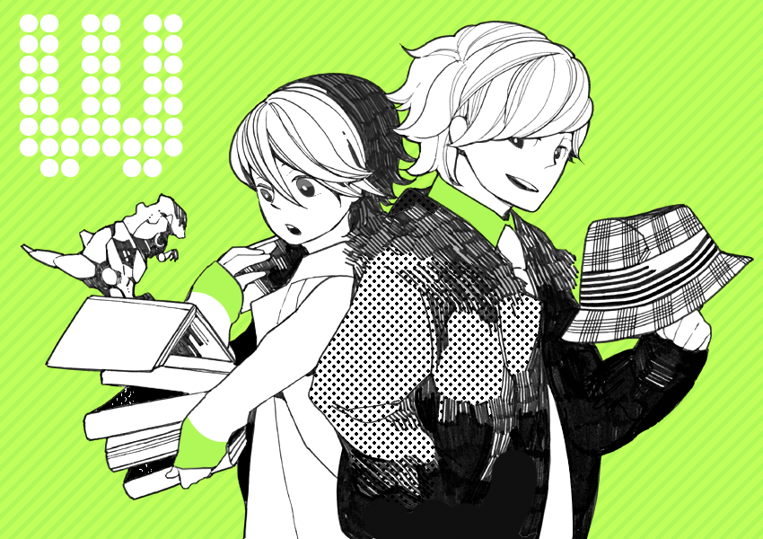 machida, machida natsume, fang memory, hidari shoutarou, philip (kamen rider), kamen rider, kamen rider w, bad id, bad pixiv id, 2boys, book, green theme, hat, male focus, monochrome, multiple boys, philip