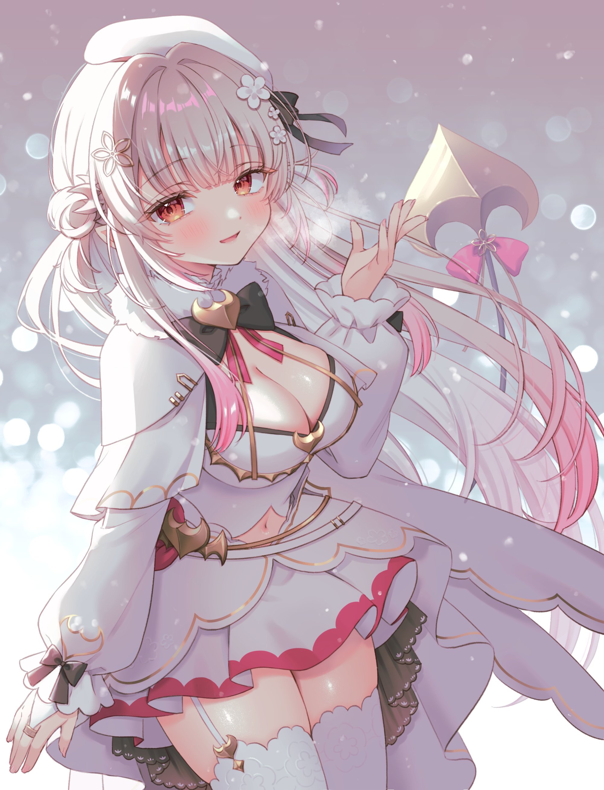 tt chicca, suou patra, suou patra (10th costume), indie virtual youtuber, absurdres, commentary, highres, symbol-only commentary, 1girl, beret, black bow, blush, bow, breasts, capelet, cleavage, clothing cutout, demon horns, demon tail, flower, garter straps, gradient hair, hair bow, hair flower, hair intakes, hair ornament, hat, horns, long sleeves, multicolored hair, navel, navel cutout, orange eyes, pink hair, puffy long sleeves, puffy sleeves, shirt, single garter strap, tail, thighhighs, virtual youtuber, white capelet, white hair, white hat, white shirt, white sleeves, white thighhighs