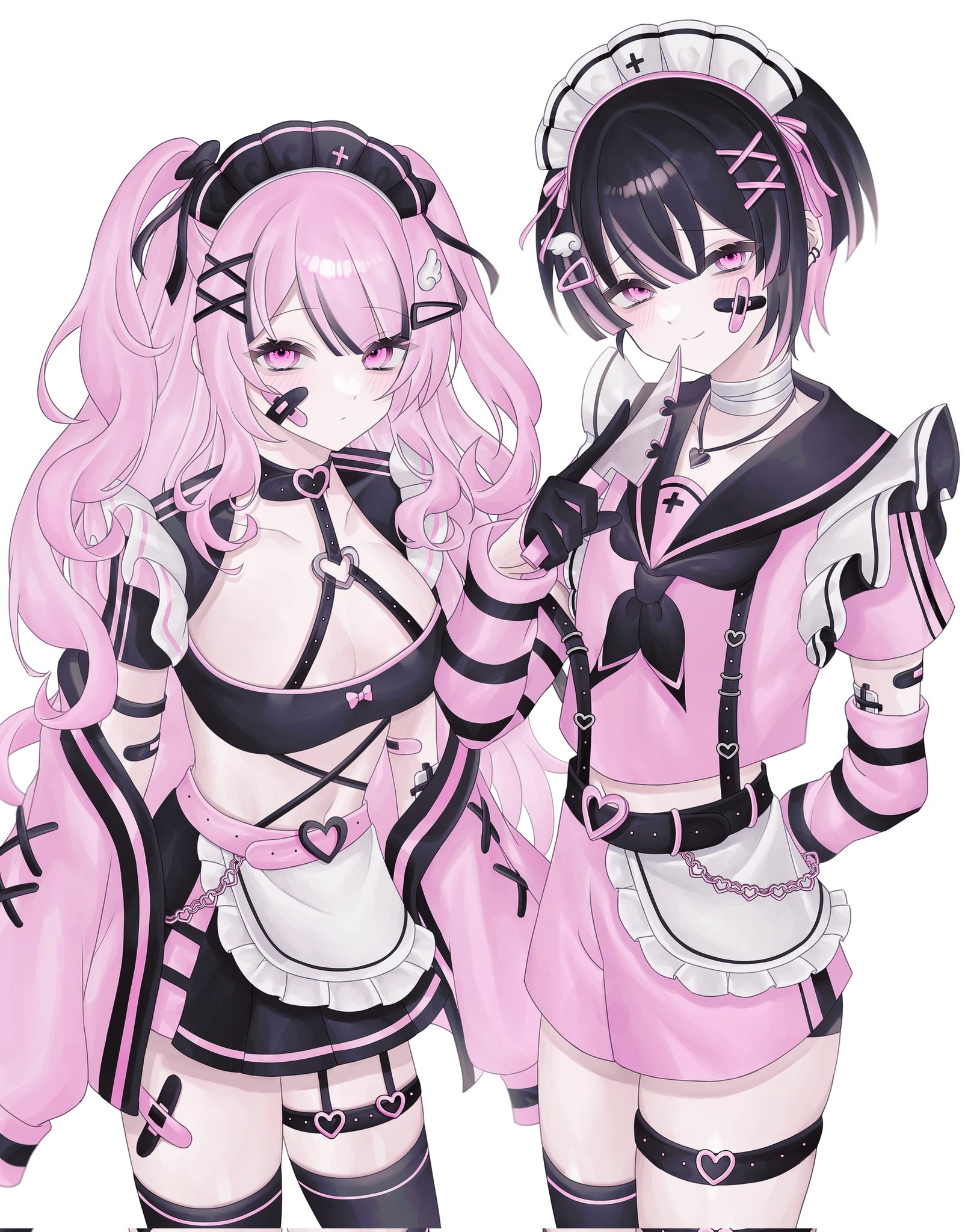 touyu 1210, original, corrupted twitter file, highres, 1boy, 1girl, aegyo sal, androgynous, apron, arm behind back, arm warmers, arms at sides, bandaged neck, bandages, bandaid, bandaid on cheek, bandaid on face, bandaid on thigh, belt, black arm warmers, black belt, black bow, black collar, black garter straps, black gloves, black hair, black headdress, black necktie, black sailor collar, black shirt, black skirt, black suspenders, black thighhighs, blush, bow, bowtie, breasts, buckle, cardigan, cardigan partially removed, center-flap bangs, chain, cleavage, cleavage cutout, closed mouth, clothing cutout, collar, collarbone, cowboy shot, criss-cross halter, crop top, cropped shirt, crossed bandaids, double-parted bangs, double vertical stripe, expressionless, frilled apron, frills, from above, garter straps, gloves, hair between eyes, hair ornament, hairclip, half gloves, halterneck, hand up, head-mounted display, head tilt, heart, heart-shaped buckle, heart necklace, holding, holding knife, jewelry, knife, long sleeves, maid, maid apron, maid headdress, midriff, miniskirt, multicolored hair, navel, necklace, necktie, pale skin, pink arm warmers, pink belt, pink bow, pink bowtie, pink cardigan, pink eyes, pink hair, pink ribbon, pink shirt, pink shorts, pink trim, pleated skirt, puffy long sleeves, puffy sleeves, raised eyebrows, raised inner eyebrows, ribbon, ribbon trim, sailor collar, school uniform, shirt, short hair, short shorts, short sleeves, shorts, side-by-side, sidelocks, simple background, single garter strap, single thighhigh, skindentation, skirt, small breasts, smile, standing, strap slip, streaked hair, striped arm warmers, studded belt, studded thigh strap, suspender shorts, suspenders, swept bangs, thigh strap, thighhighs, tsurime, two-tone hair, unconventional maid, waist apron, wavy hair, white apron, white background, white headdress, wing hair ornament, x hair ornament, zettai ryouiki