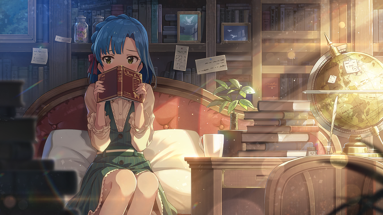nanao yuriko, idolmaster, idolmaster million live!, idolmaster million live! theater days, commentary request, game cg, official art, third-party source, 1girl, blue hair, blurry, blurry foreground, blush, book, book stack, bookshelf, bow, braid, covering own mouth, dress, facing viewer, globe, green dress, green eyes, hair bow, holding, holding book, indoors, light particles, long sleeves, open book, sideways glance, sitting, solo