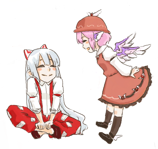 hikimaru, fujiwara no mokou, mystia lorelei, touhou, winged footwear, bad id, bad pixiv id, 2girls, animal ears, blush stickers, dress, female focus, hair ribbon, happy, hat, kneehighs, long sleeves, multiple girls, open mouth, ribbon, shoes, simple background, sitting, sleeves rolled up, smile, socks, suspenders, wings