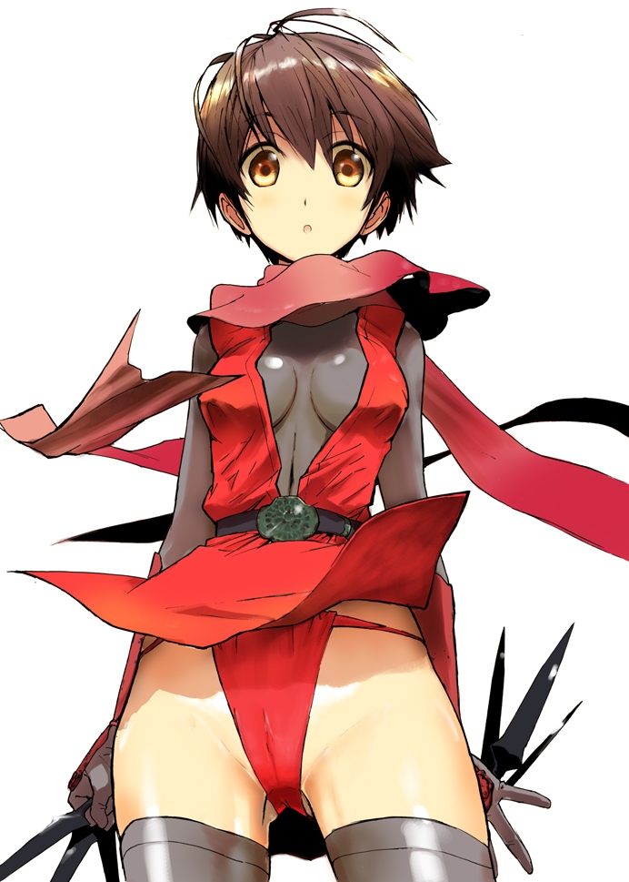 xyh, kasumi (suikoden), gensou suikoden, gensou suikoden i, bad id, bad pixiv id, 1girl, :o, breasts, brown eyes, brown hair, center opening, female focus, fundoshi, japanese clothes, kunai, ninja, scarf, short hair, skin tight, solo, thighhighs, weapon