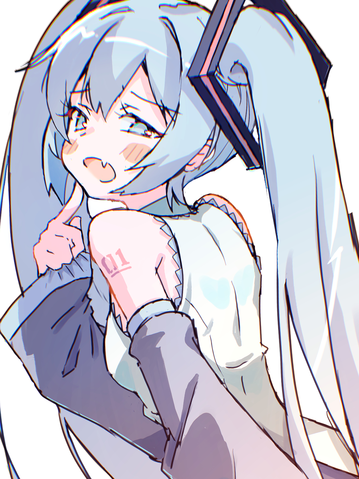 akayama yukihe, hatsune miku, vocaloid, commentary request, highres, 1girl, aqua eyes, aqua hair, bare shoulders, blush, detached sleeves, fang, hair between eyes, long hair, looking at viewer, looking back, open mouth, shoulder tattoo, simple background, solo, tattoo, twintails, upper body, very long hair