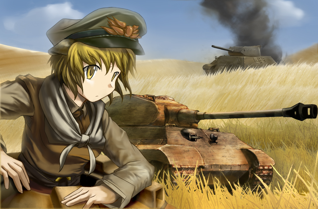 fat (artist), toramaru shou, touhou, tank destroyer, vehicle, 1girl, arm support, blonde hair, caterpillar tracks, damaged, female focus, field, from side, gun, hair ornament, hat, looking to the side, machine gun, mg 42, military, military uniform, military vehicle, motor vehicle, name connection, object namesake, peaked cap, short hair, smoke, solo, tank, tiger ii, upper body, war, weapon, wehrmacht, wheat, world war ii, yellow eyes