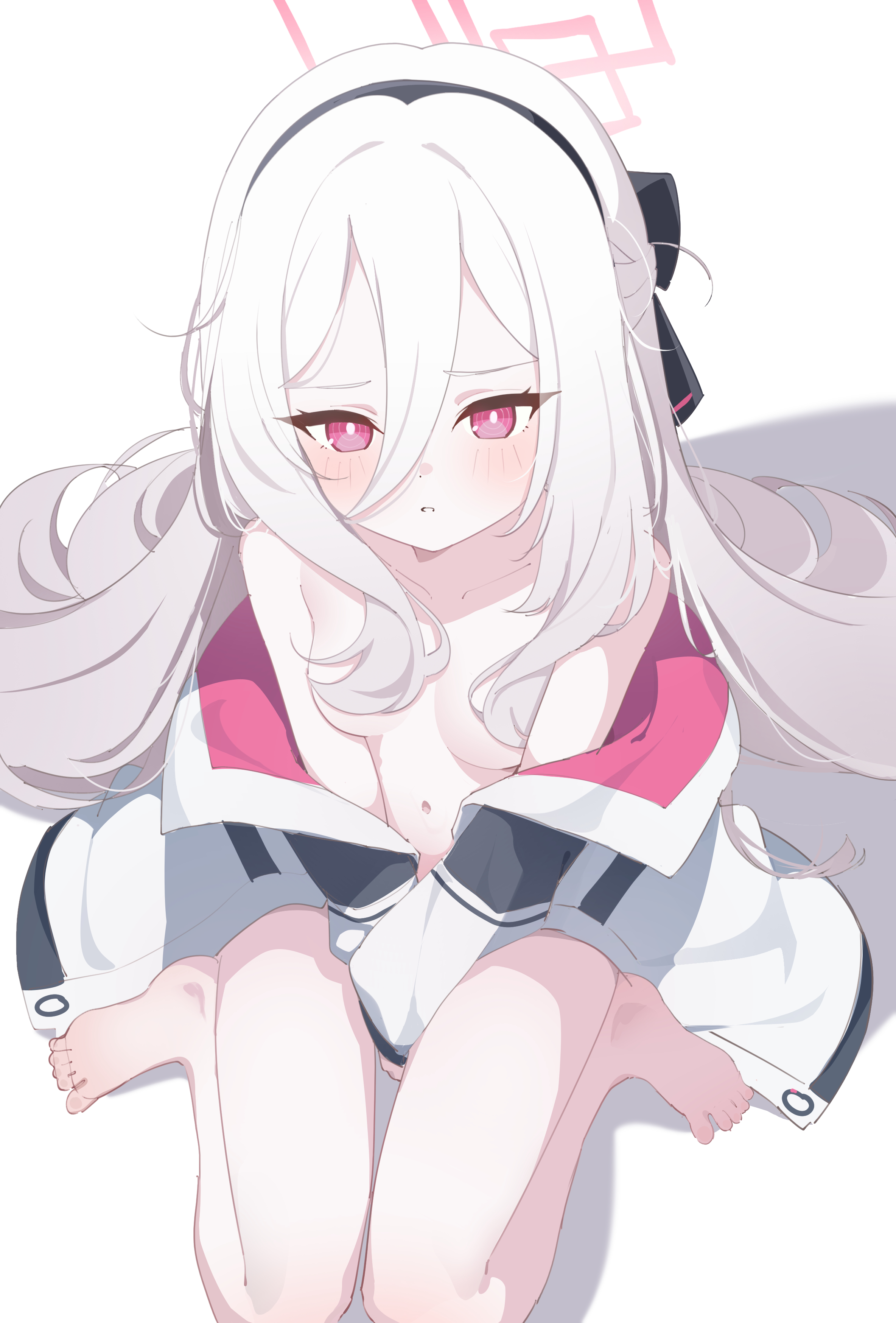 nauvvii, kei (blue archive), kei (new body) (blue archive), blue archive, absurdres, highres, 1girl, barefoot, between legs, black hairband, blush, breasts, hair between eyes, hairband, halo, hand between legs, jacket, long hair, long sleeves, looking at viewer, navel, open clothes, open jacket, parted lips, pink eyes, pink halo, red eyes, red halo, simple background, sitting, small breasts, solo, toes, very long hair, wariza, white background, white hair, white jacket