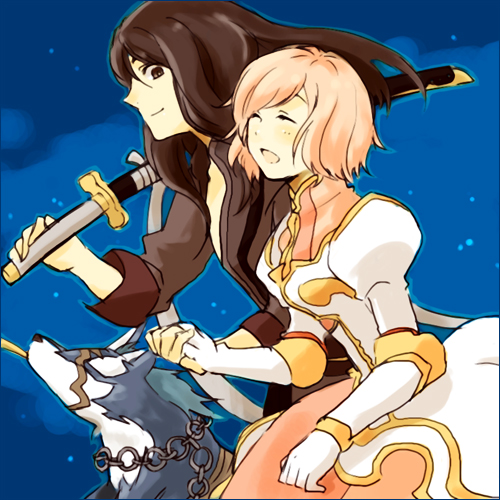 estellise sidos heurassein, repede (tales), yuri lowell, tales of (series), tales of vesperia, bad id, bad pixiv id, lowres, 00s, 1boy, 1girl, black eyes, black hair, blue background, dog, over shoulder, pink hair, scar, sheath, sheathed, short hair, sword, weapon, weapon over shoulder