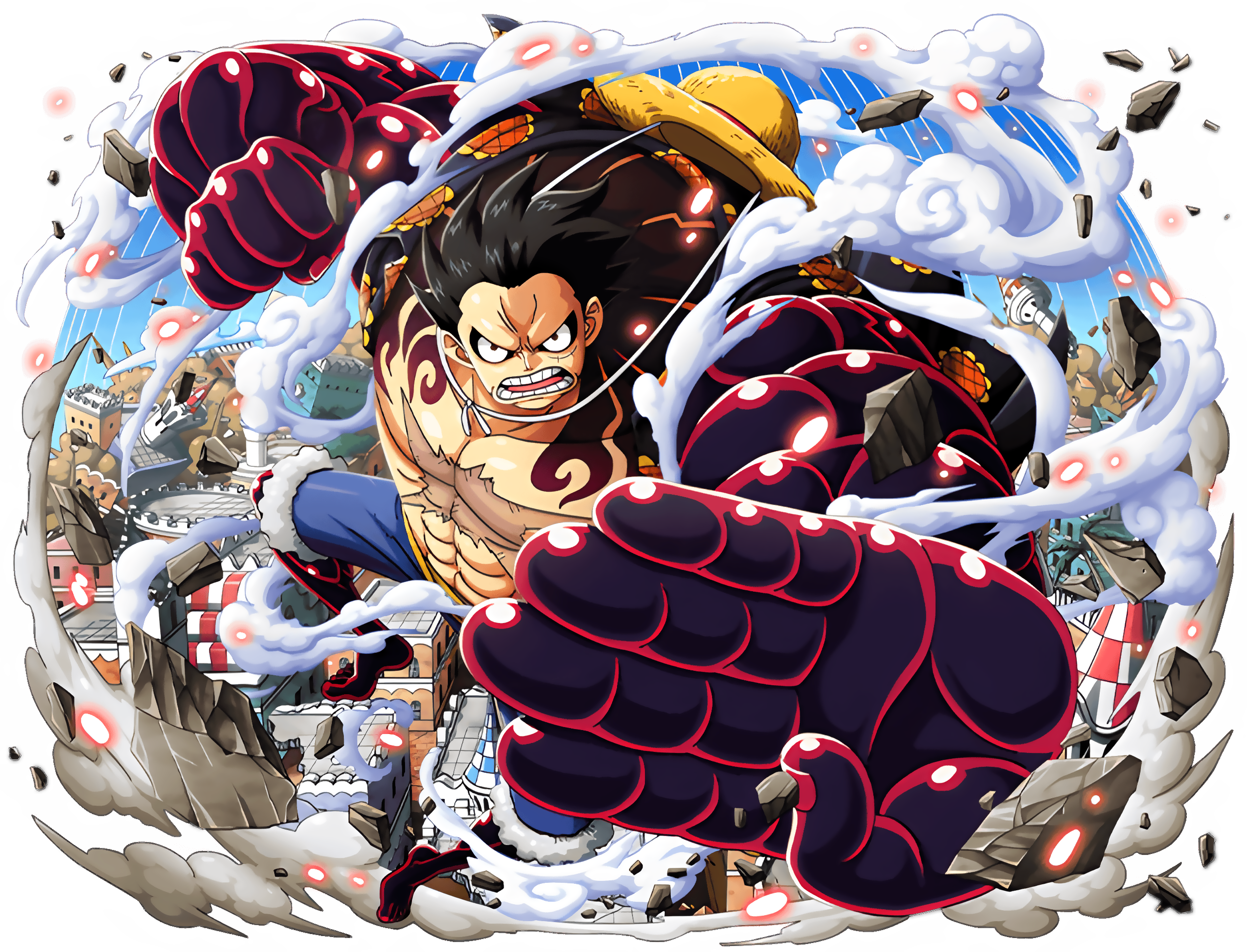 bodskih, monkey d. luffy, one piece, one piece treasure cruise, non-web source, official art, 1boy, abs, attack, barefoot, black hair, blue shorts, city, clenched hands, day, destruction, dressrosa, full body, gear fourth, gear fourth: boundman, haki (one piece), hat, incoming attack, jumping, looking at viewer, muscular, open mouth, outdoors, scar, scar on chest, shiny skin, short hair, shorts, sky, solo, steam, straw hat, transparent background, unworn hat, unworn headwear