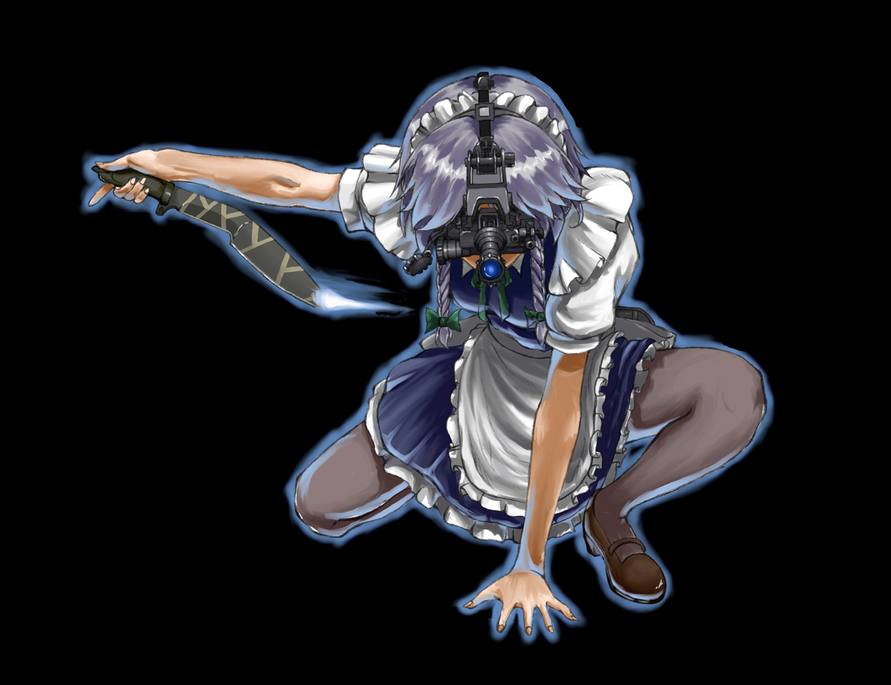 age-zero, sunaipu (age-zero), izayoi sakuya, touhou, silver hair, 1girl, braid, comic, female focus, knife, kukri, looking down, maid, night-vision device, night vision, pantyhose, short hair, simple background, solo, throwing knife, twin braids, weapon