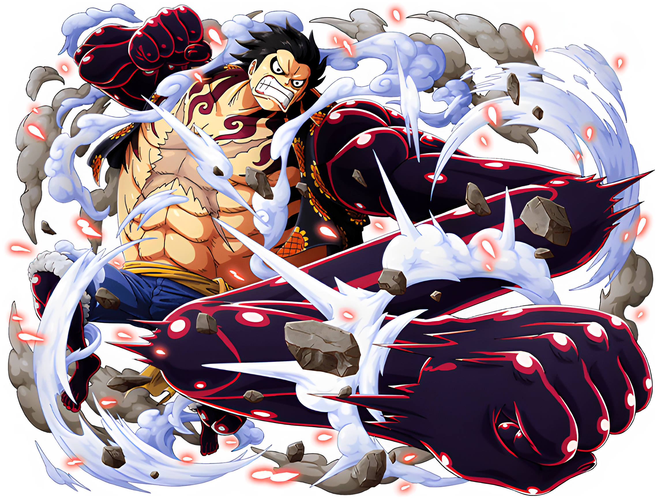 bodskih, monkey d. luffy, one piece, one piece treasure cruise, non-web source, official art, 1boy, abs, attack, barefoot, black hair, blue shorts, clenched hands, clenched teeth, destruction, full body, gear fourth, gear fourth: boundman, haki (one piece), hat, jumping, looking at viewer, muscular, scar, scar on chest, shiny skin, short hair, shorts, solo, steam, straw hat, teeth, transparent background, unworn hat, unworn headwear