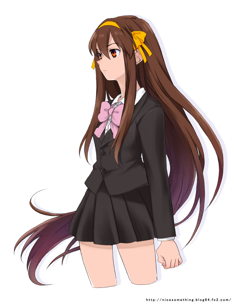 kari (kakko k), suzumiya haruhi, suzumiya haruhi no shoushitsu, suzumiya haruhi no yuuutsu, bad id, bad pixiv id, 10s, 1girl, alternate costume, alternate hairstyle, brown eyes, brown hair, cropped legs, female focus, hair ribbon, hairband, kouyouen academy school uniform, long hair, official alternate hair length, official alternate hairstyle, ribbon, school uniform, solo, very long hair