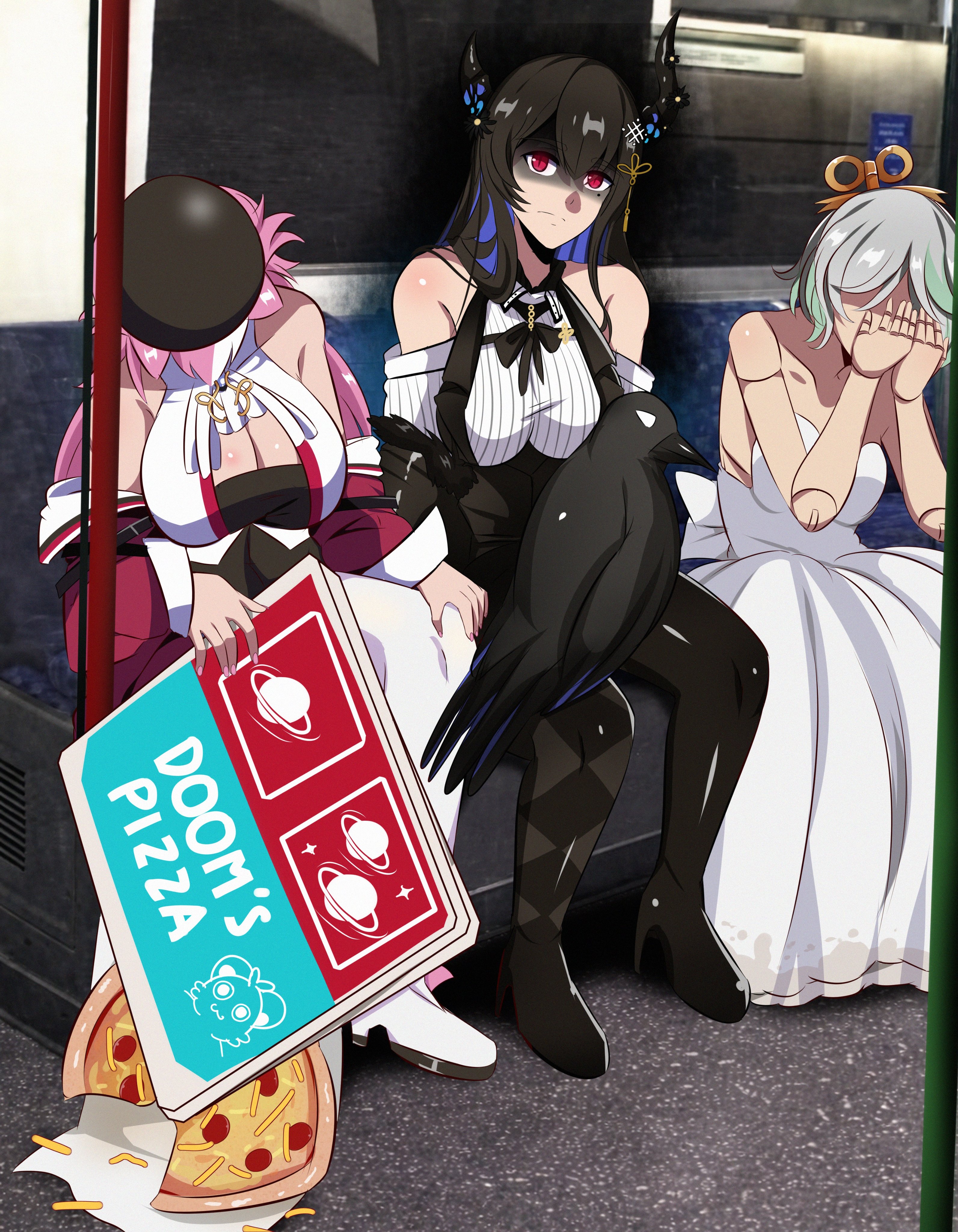 dvljoe, cecilia immergreen, chattino (raora panthera), nerissa ravencroft, nerissa ravencroft (1st costume), raora panthera, raora panthera (1st costume), shadow (nerissa ravencroft), domino's pizza, hololive, hololive english, absurdres, hashtag-only commentary, highres, photo-referenced, 3girls, animal ears, asymmetrical horns, beret, bird, black hair, black hat, black tube top, blue hair, brand name imitation, breasts, cleavage, clothing cutout, colored inner hair, covering own face, crow, demon horns, doll joints, doom (mage arena), dress, food, french fries, fresh pizza girl meets raven girl (meme), full body, green hair, grey hair, hat, horns, huge breasts, joints, leaning forward, long hair, looking at viewer, meme, multicolored hair, multiple girls, panther ears, panther girl, photo background, pink hair, pizza, pizza box, red eyes, ribbed shirt, shirt, shoulder cutout, sitting, sleeping, strapless, streaked hair, subway, tube top, uneven horns, virtual youtuber, white dress, winding key