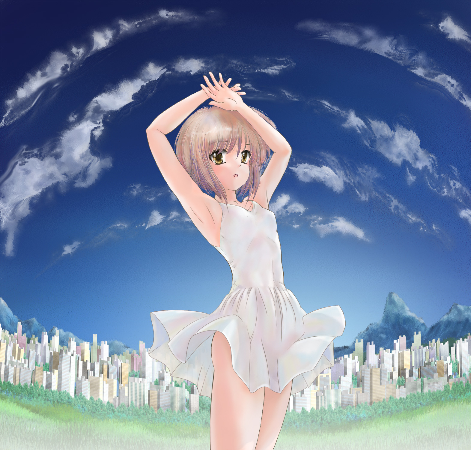 suika m, nagato yuki, suzumiya haruhi no shoushitsu, suzumiya haruhi no yuuutsu, highres, 10s, arms up, brown eyes, brown hair, day, dress, short hair, solo, sundress