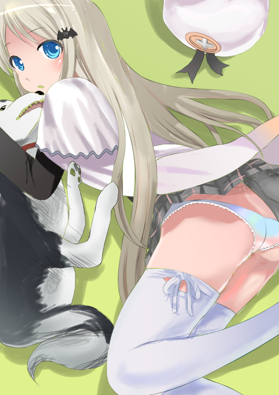 aketoki, noumi kudryavka, strelka (little busters!), little busters!, silver hair, bad id, bad pixiv id, 1girl, ass, blue eyes, cape, dog, hat, lying, on side, panties, pantyshot, school uniform, thighhighs, underwear